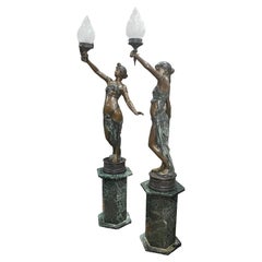 Pair of Neoclassical Patinated Bronze Nymphs Sculptures Torchere Lamps/Pedestal