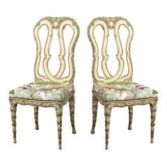 Pair of Neoclassical Pickled & Gilded Chairs with Tropical Foliate Fabric