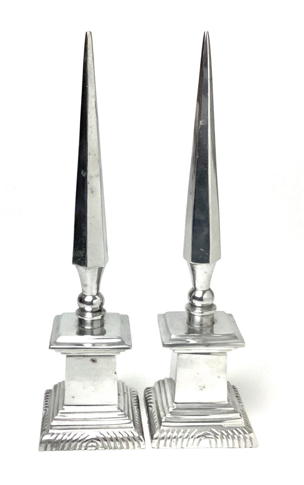 Pair of Neoclassical Polished Aluminum Obelisks. Each is 12 1/2