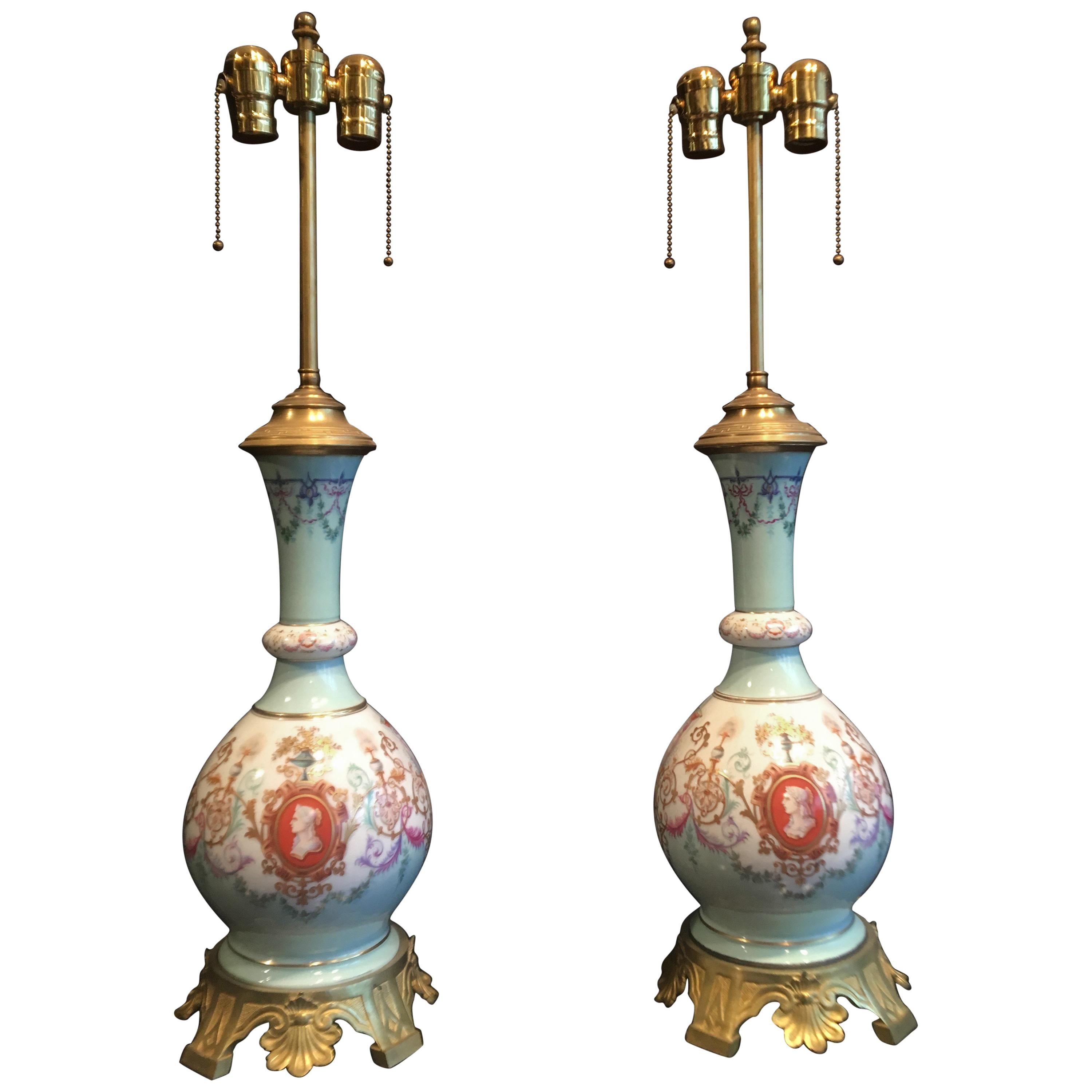 Pair of Neoclassical Porcelain Lamps For Sale