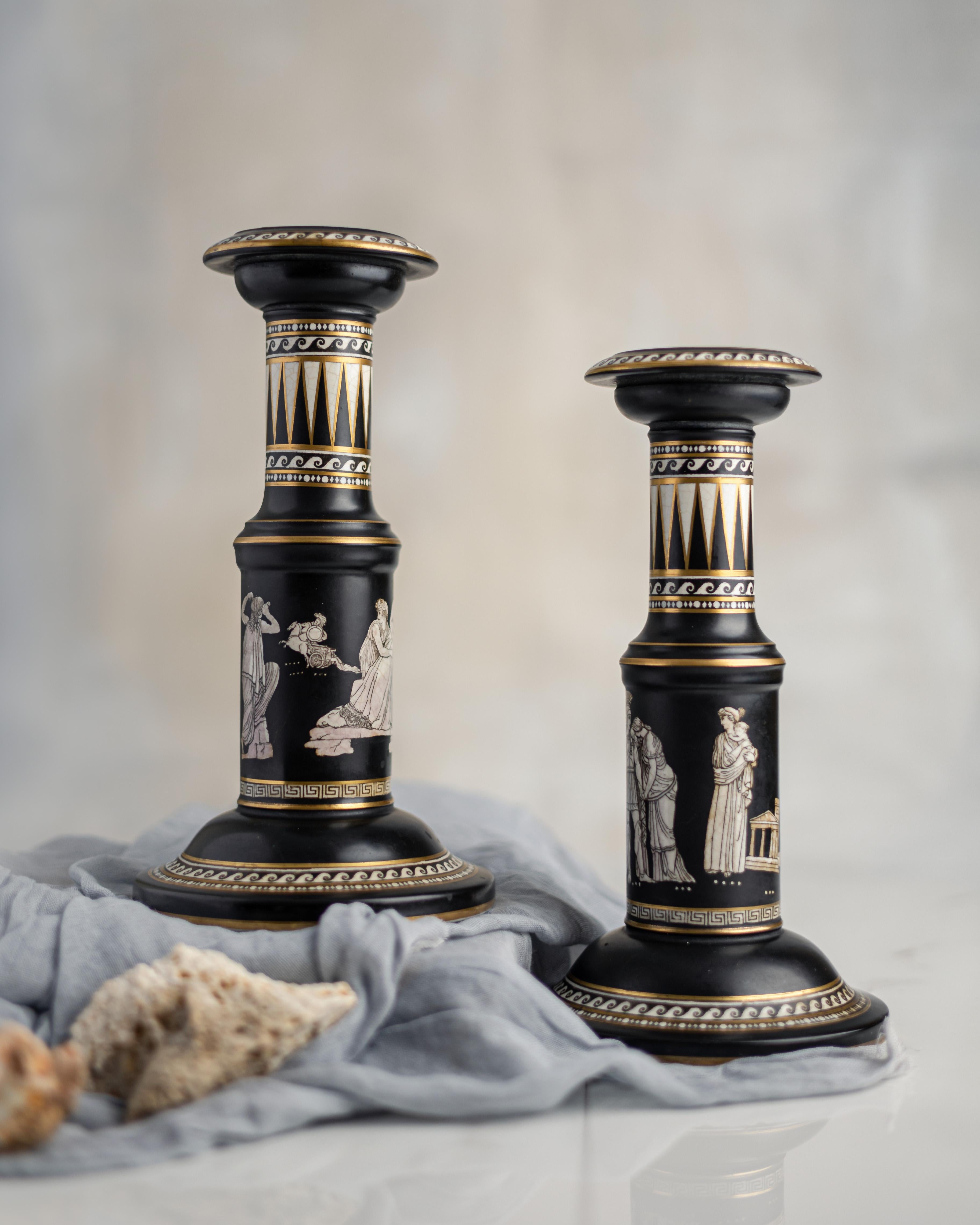 A pair of monumental black and white neoclassical pottery candlesticks made by Pratt, Fenton in the Old Greek pattern in the late 19th century.

Staffordshire potters Felix and Richard Pratt’s ‘Old Greek’ pattern demonstrates the lasting influence