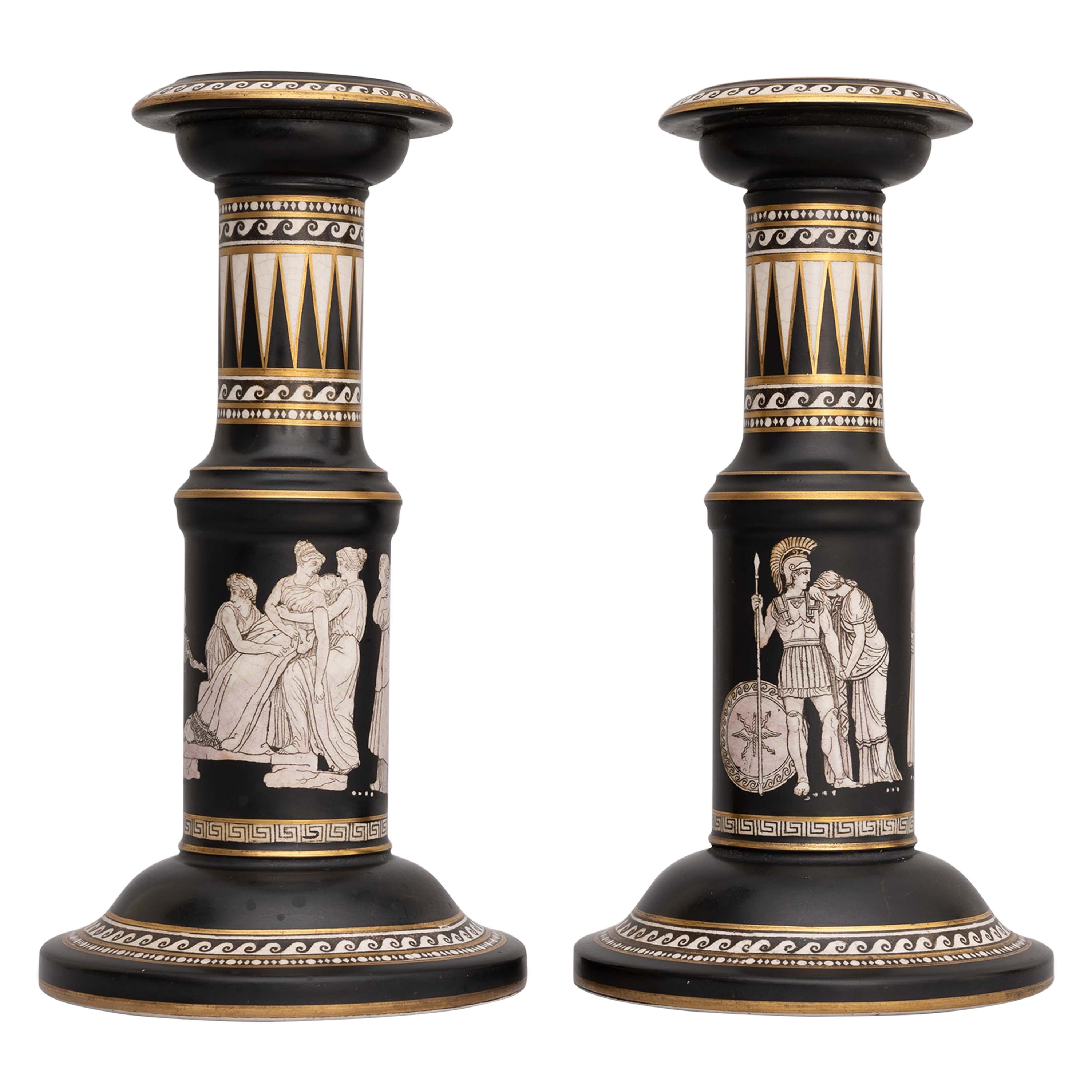 Pair of Neoclassical Pottery Candlesticks by Pratt