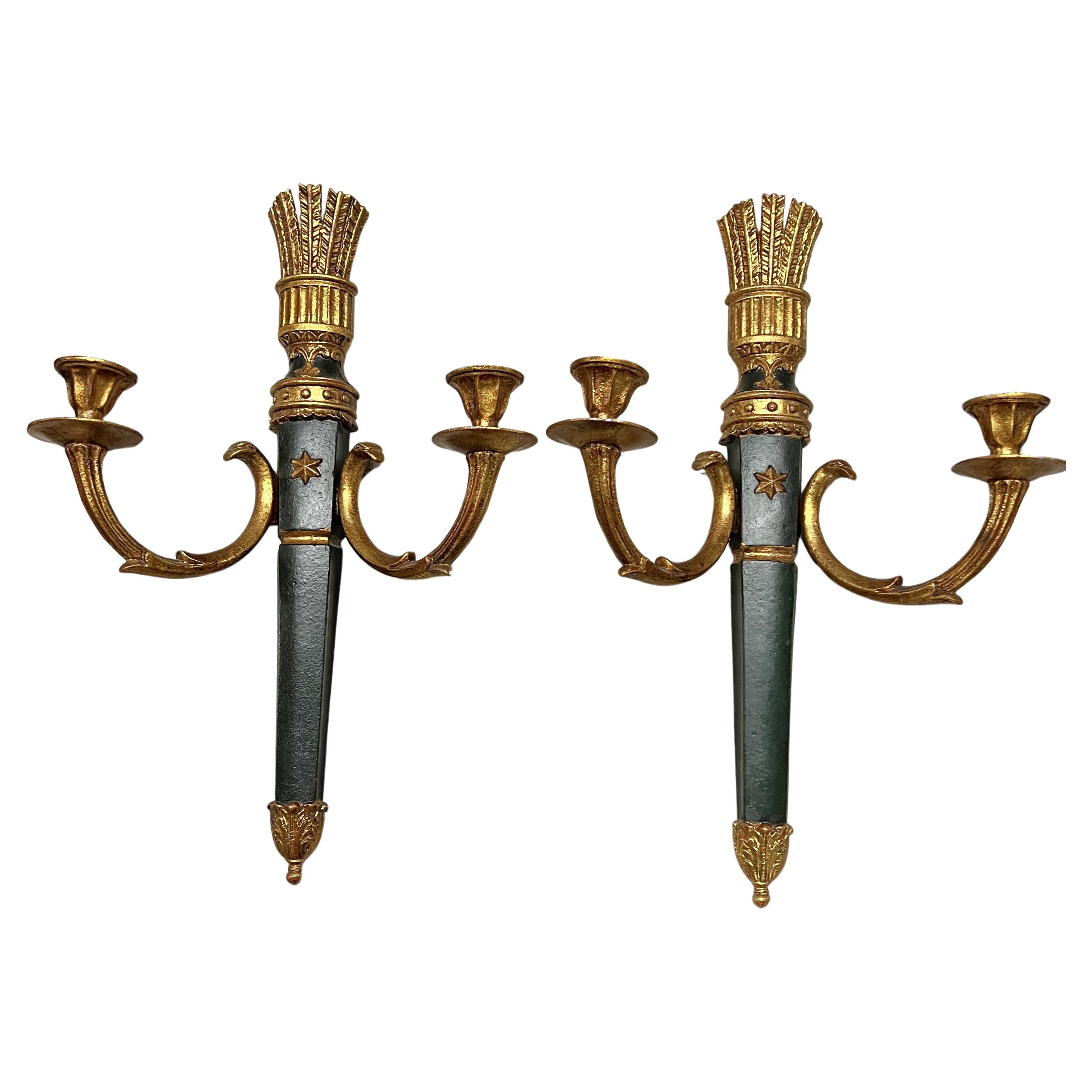 Pair of Neoclassical Quiver Themed Gilt Wall Sconces by Palladio