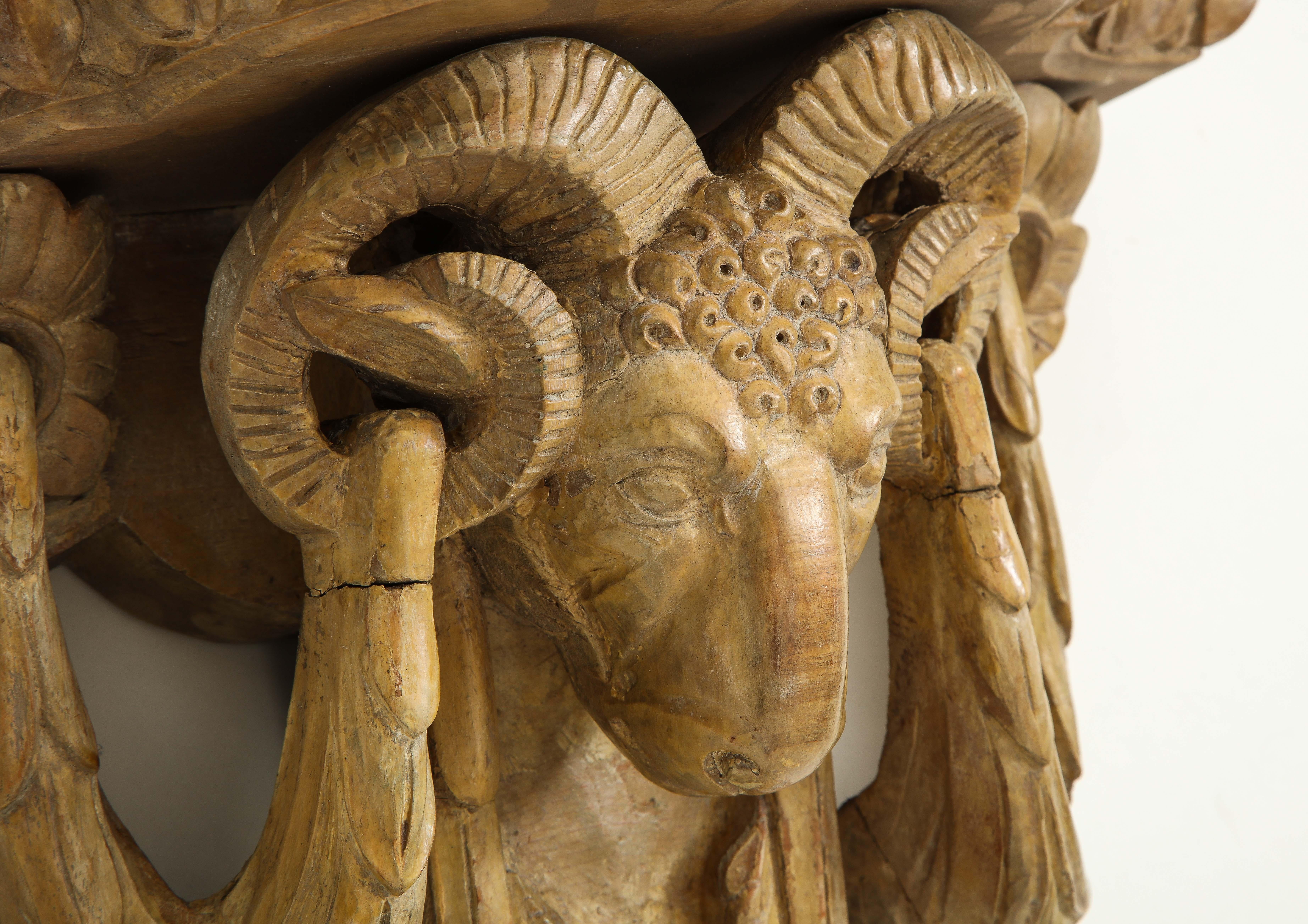 Softwood Pair of Neoclassical Ram's Head Limed Wall Brackets