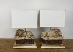 Pair of Neoclassical Recumbent Lion Table Lamps - After Canova