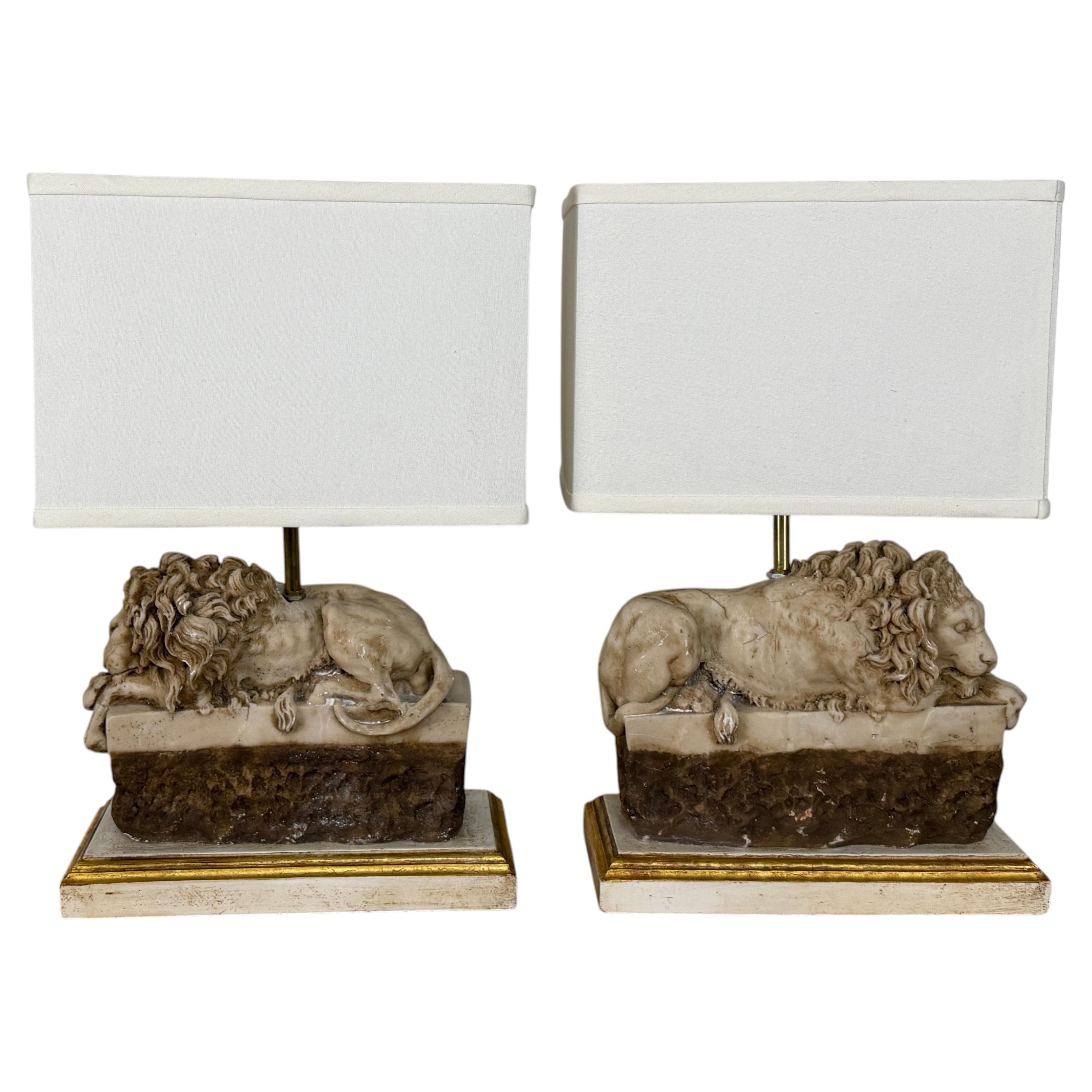 Pair of Neoclassical Recumbent Lion Table Lamps - After Canova For Sale