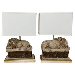 Pair of Neoclassical Recumbent Lion Table Lamps - After Canova