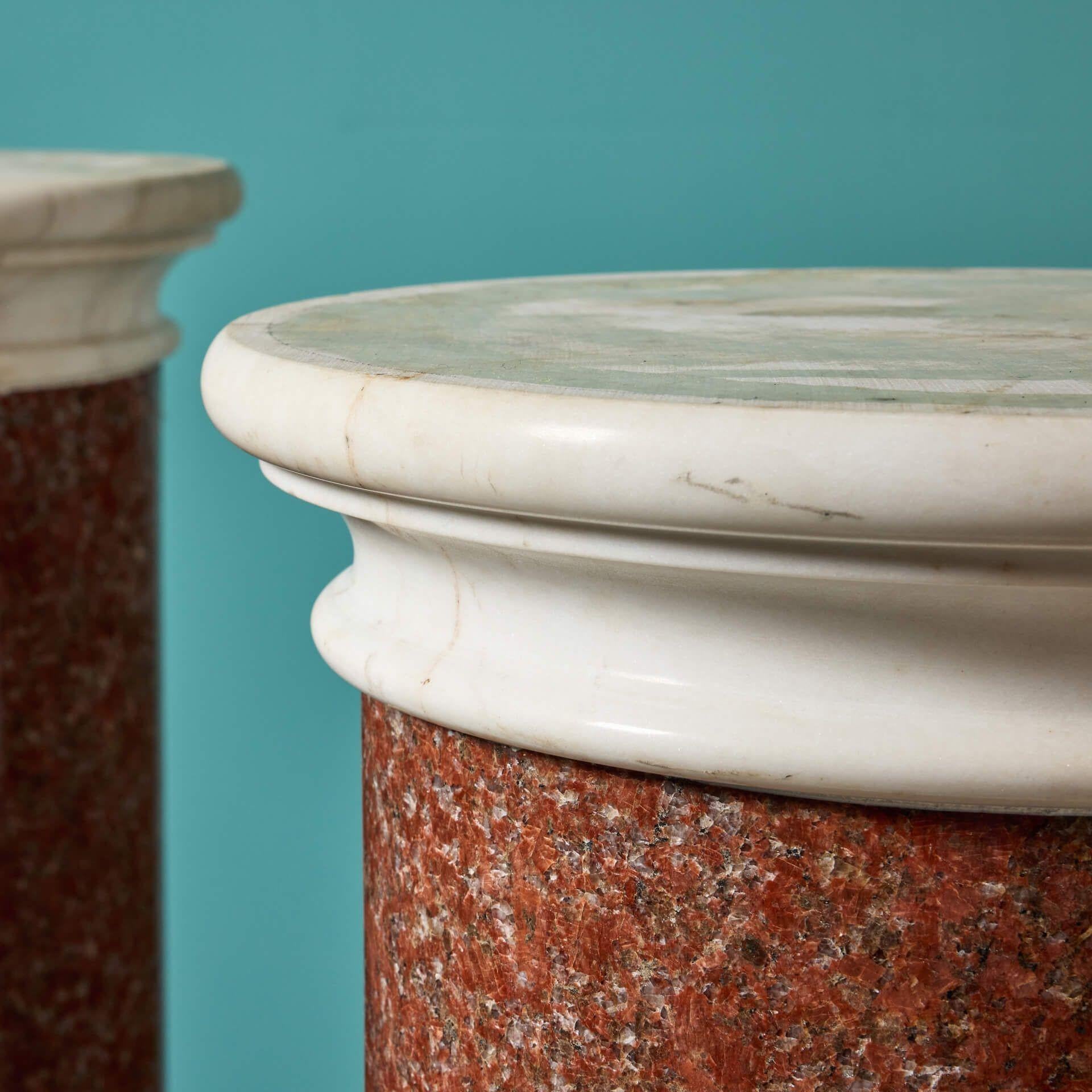 Pair of Neoclassical Red Granite Column Pedestals In Fair Condition For Sale In Wormelow, Herefordshire