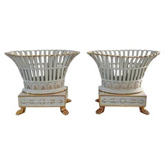 Pair of Neoclassical Regency Reticulated Porcelain Cachepots with Gilt Paw Feet
