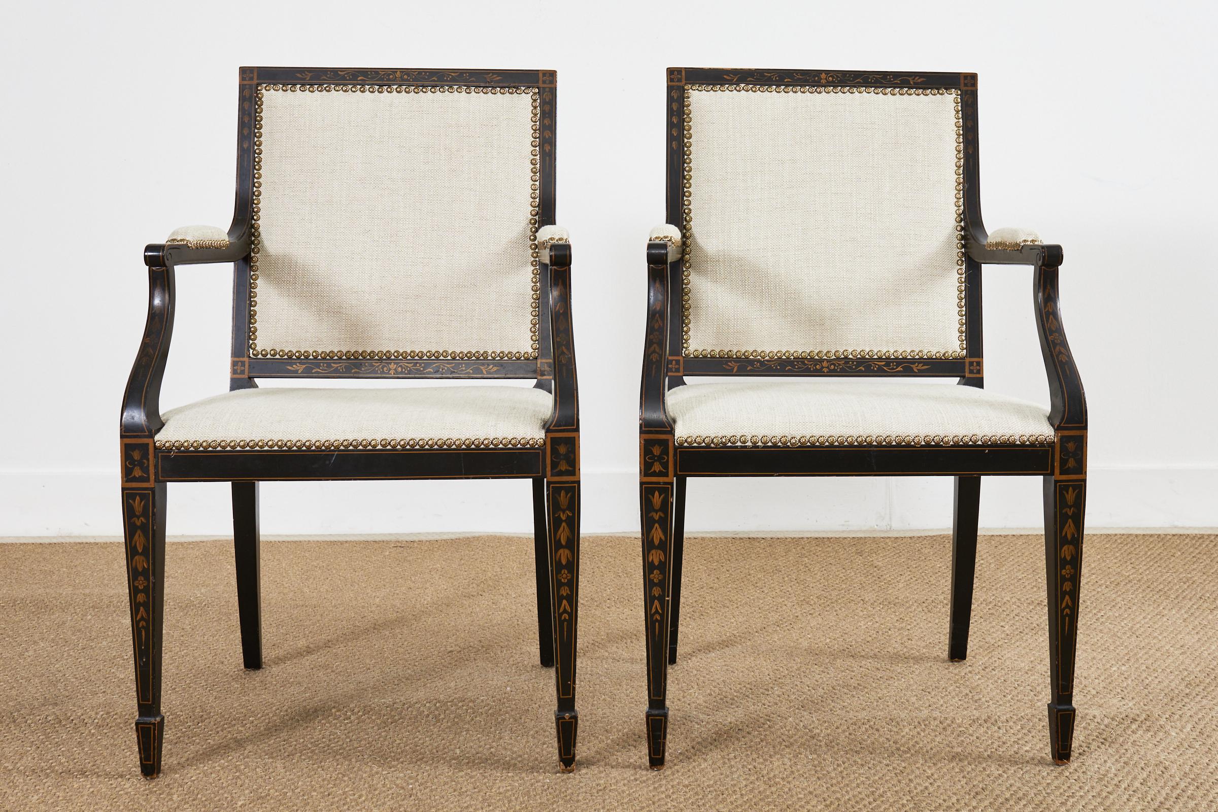 American Pair of Neoclassical Regency Style Ebonized Mahogany Library Chairs