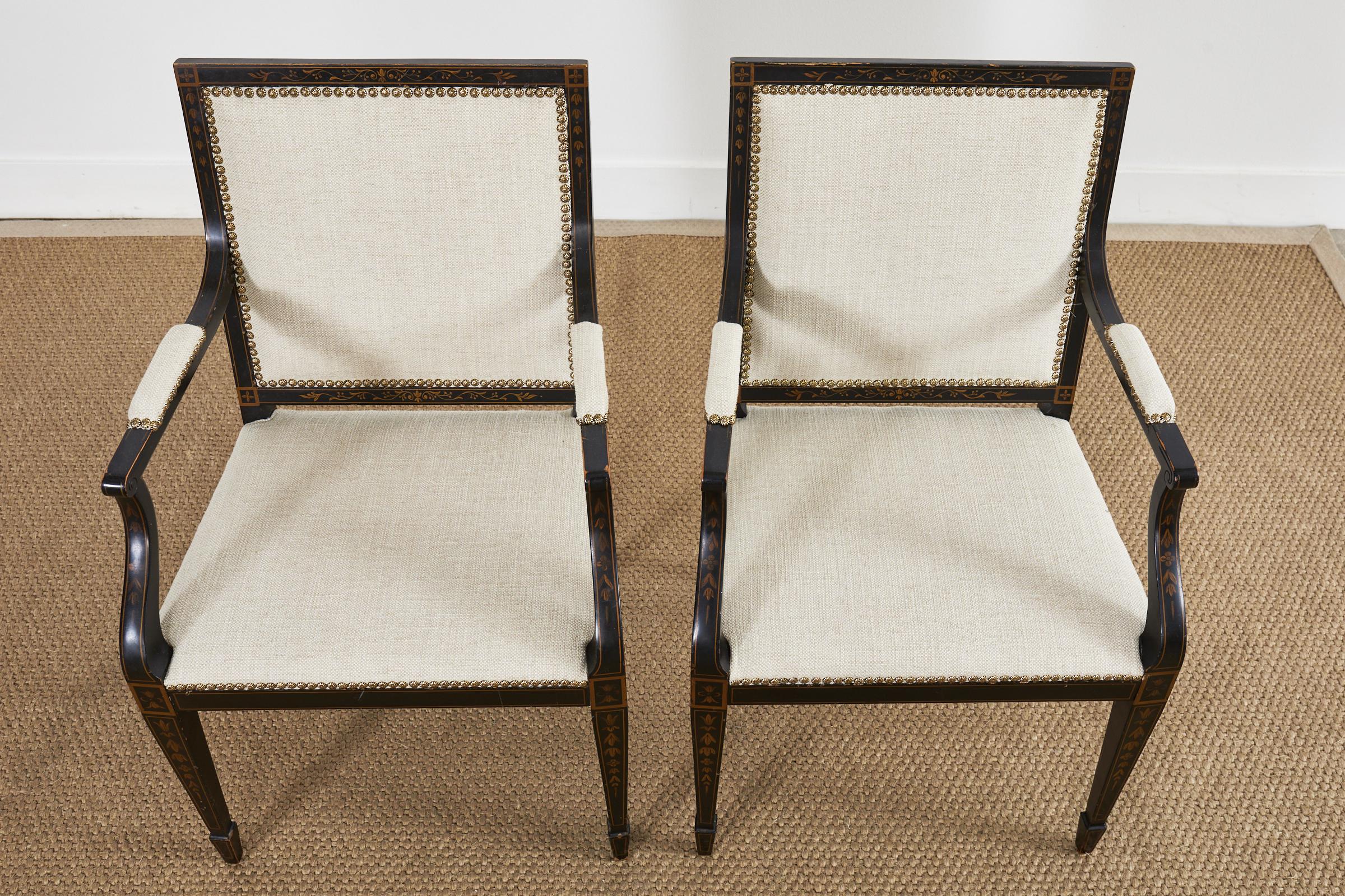 Lacquered Pair of Neoclassical Regency Style Ebonized Mahogany Library Chairs