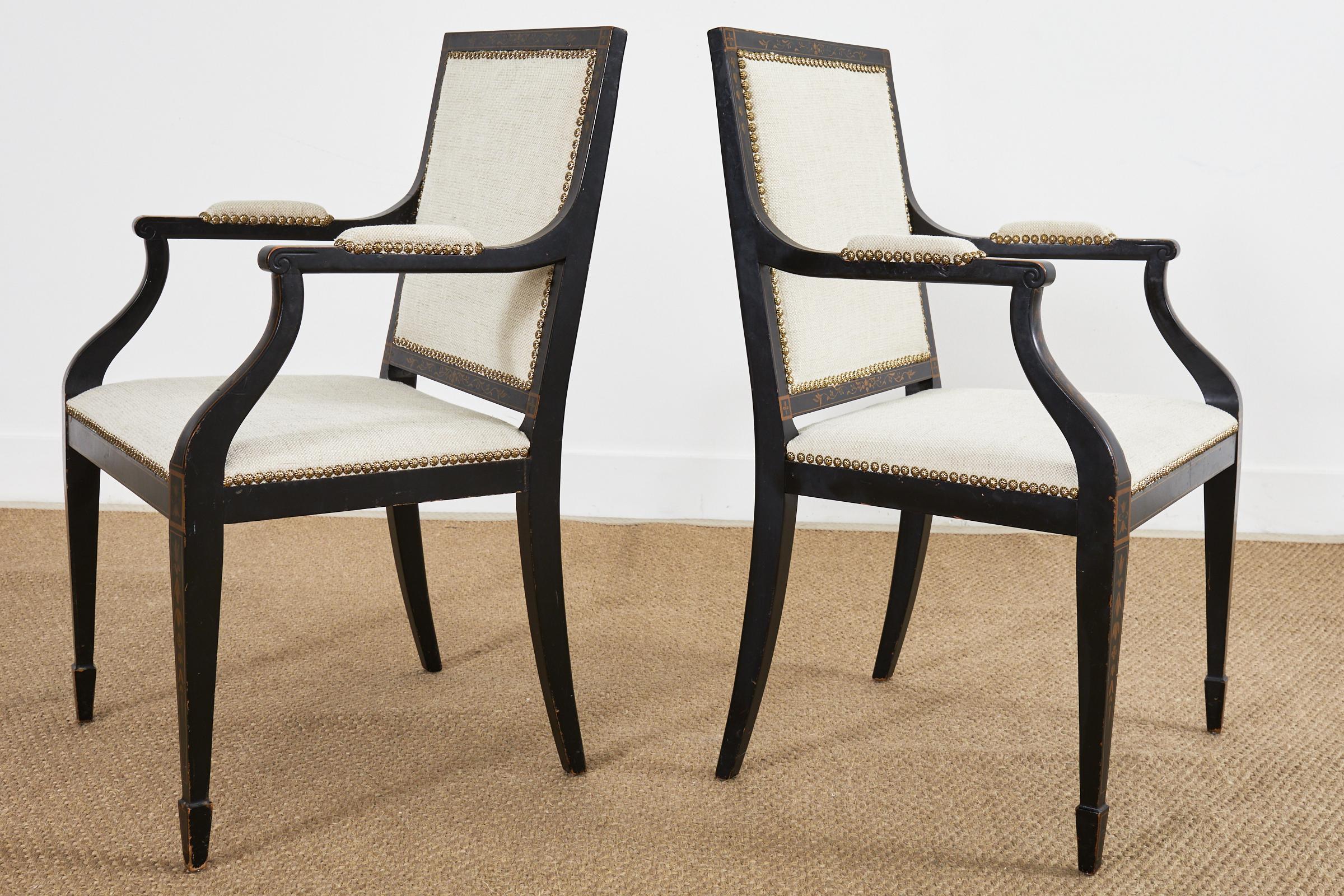 Pair of Neoclassical Regency Style Ebonized Mahogany Library Chairs In Good Condition In Rio Vista, CA