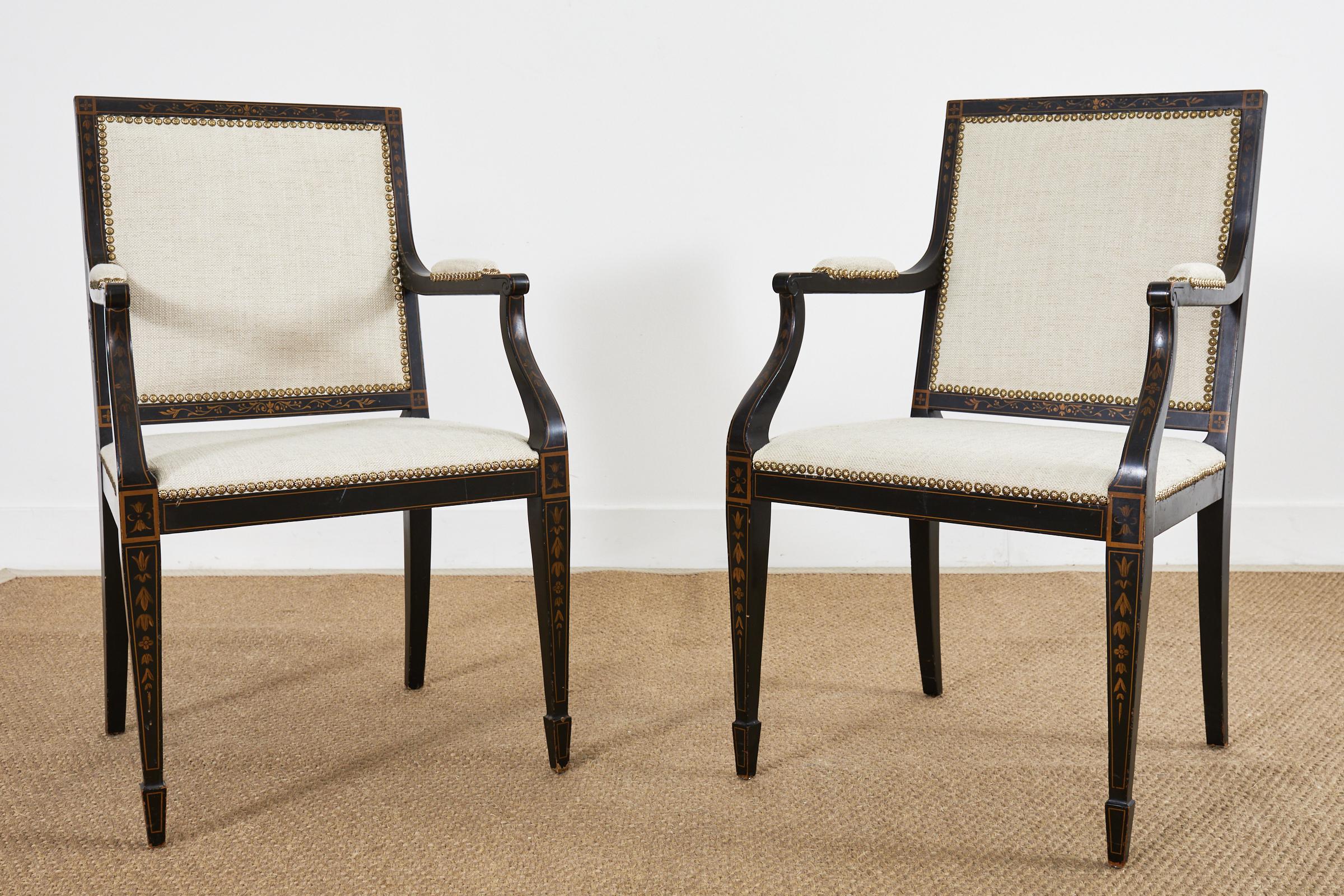 Brass Pair of Neoclassical Regency Style Ebonized Mahogany Library Chairs
