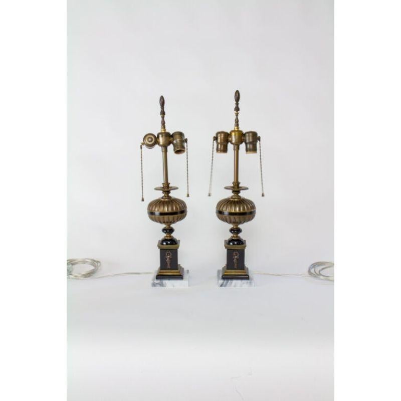 Pair of Neoclassical Revival Brass and Black Resin Lamps In Good Condition For Sale In Canton, MA