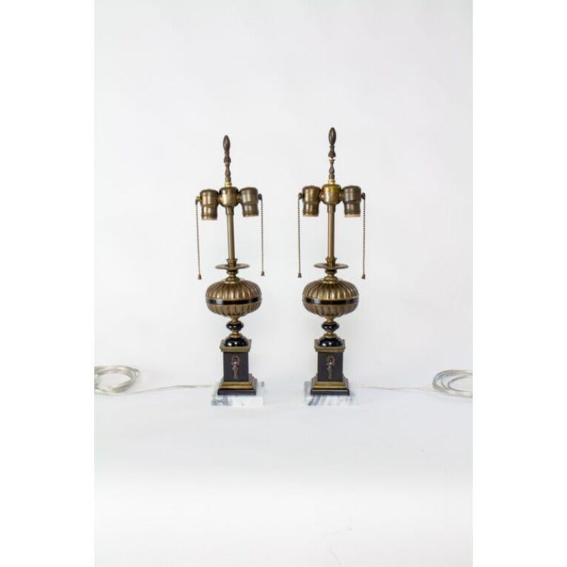 20th Century Pair of Neoclassical Revival Brass and Black Resin Lamps For Sale