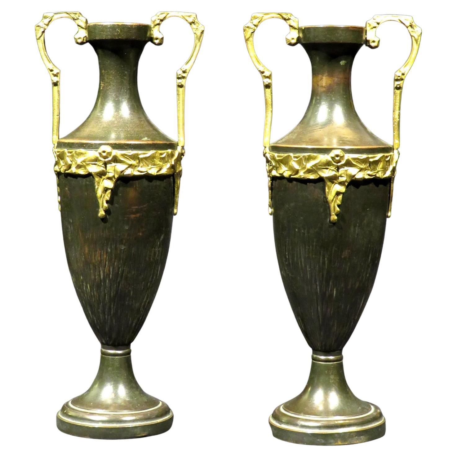 Fine Pair of Neoclassical Revival Bronze Patinated Copper Urns, Circa 1900 For Sale