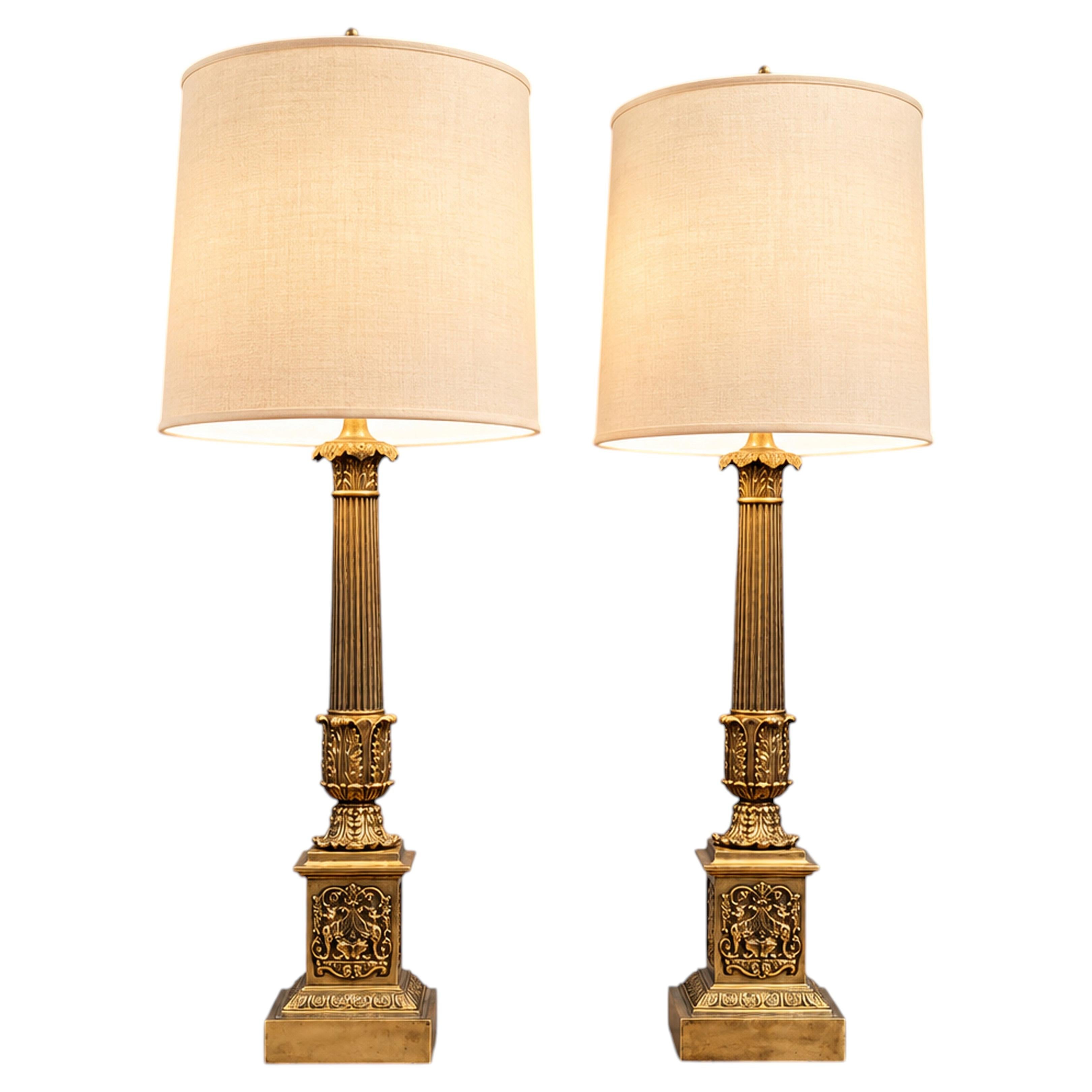 Pair of Neoclassical Revival Bronze Table Lamps with Classical Bases, 1950s For Sale