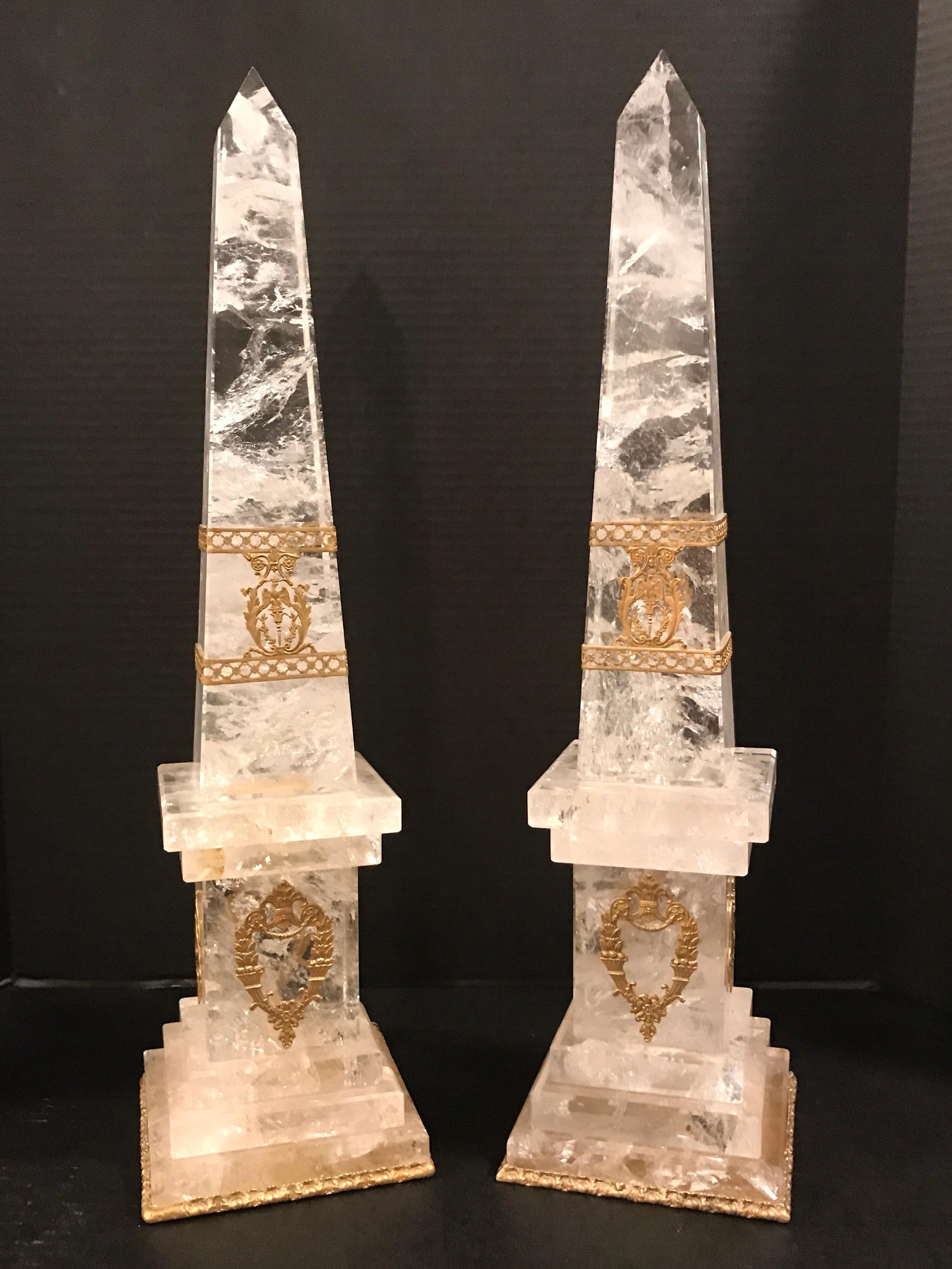 Pair of Neoclassical Rock Crystal Ormolu Mounted Obelisks For Sale 9