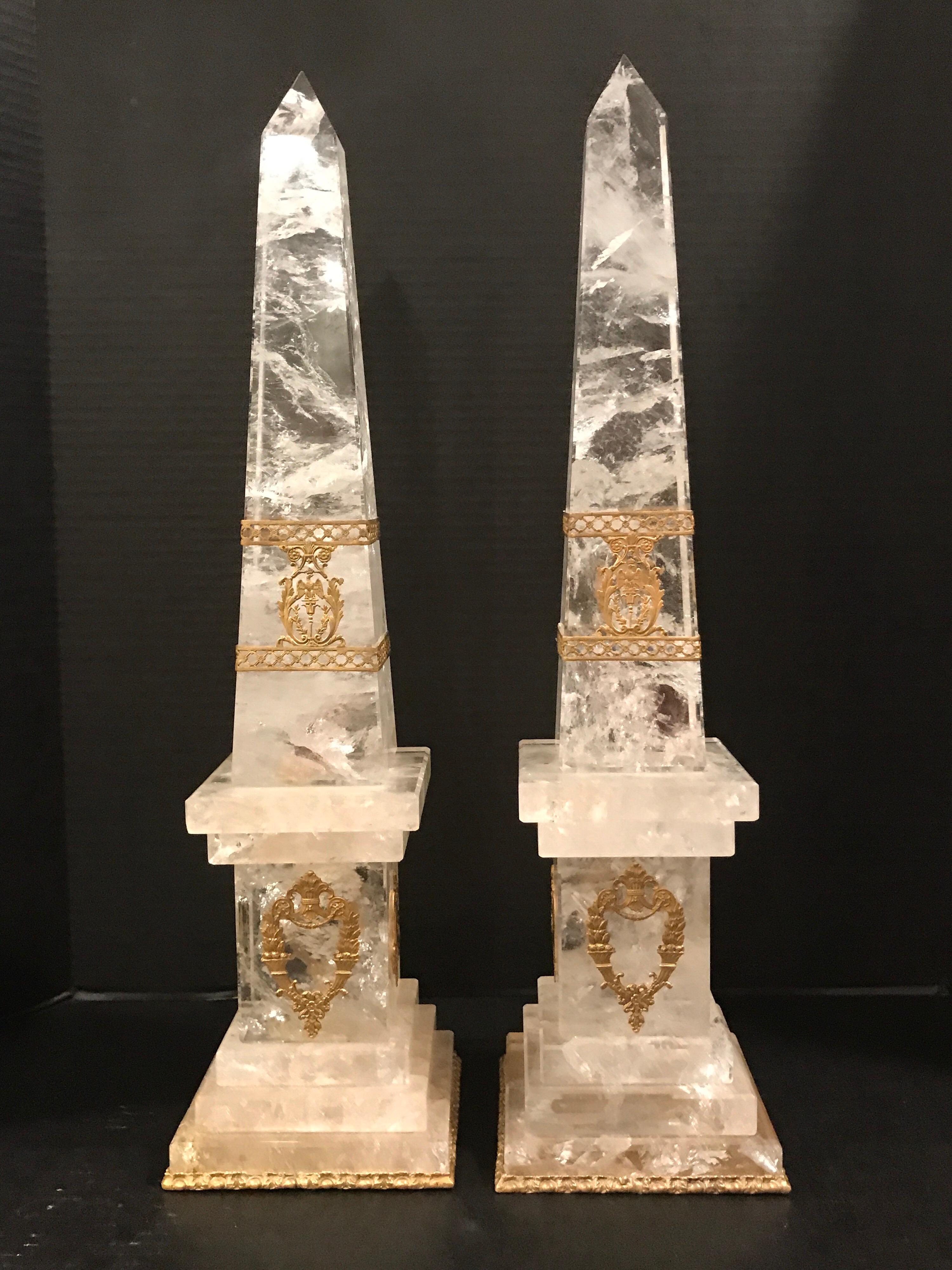 European Pair of Neoclassical Rock Crystal Ormolu Mounted Obelisks For Sale