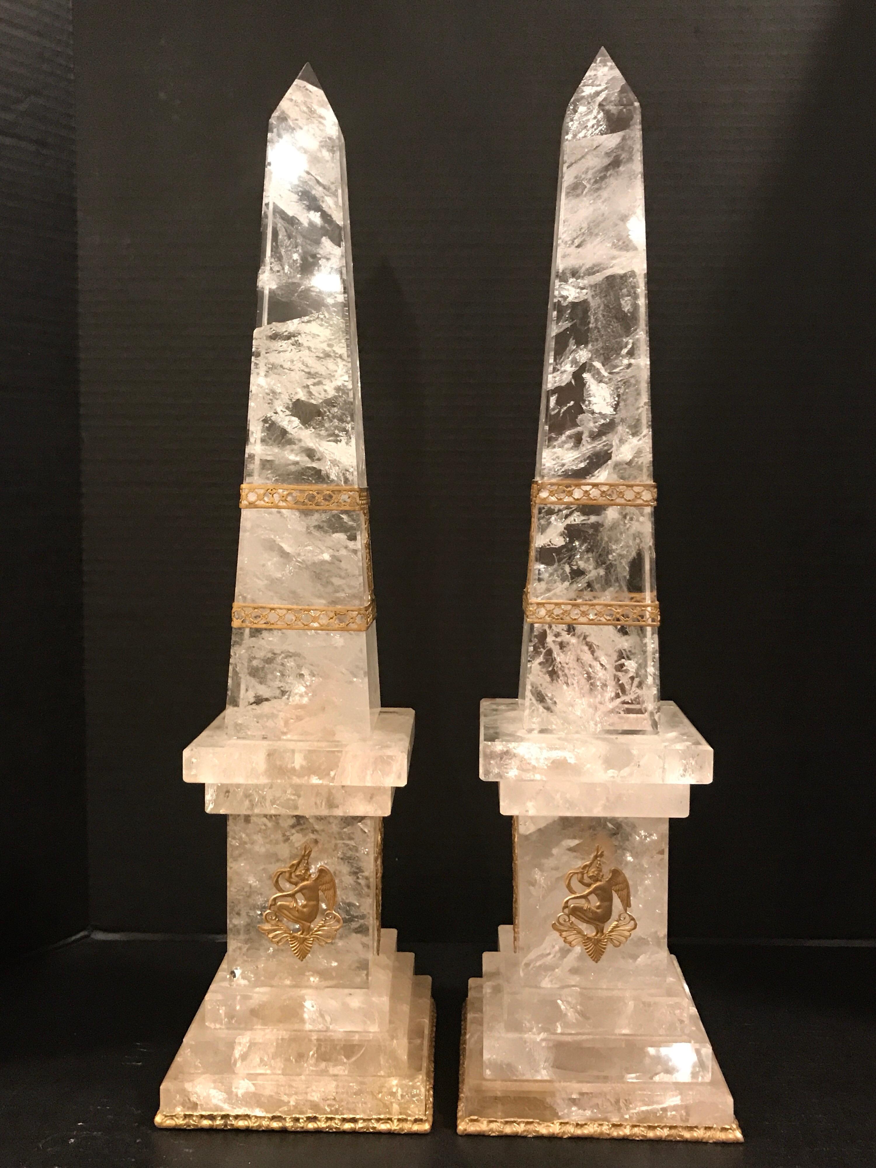 Pair of Neoclassical Rock Crystal Ormolu Mounted Obelisks In Good Condition For Sale In Atlanta, GA