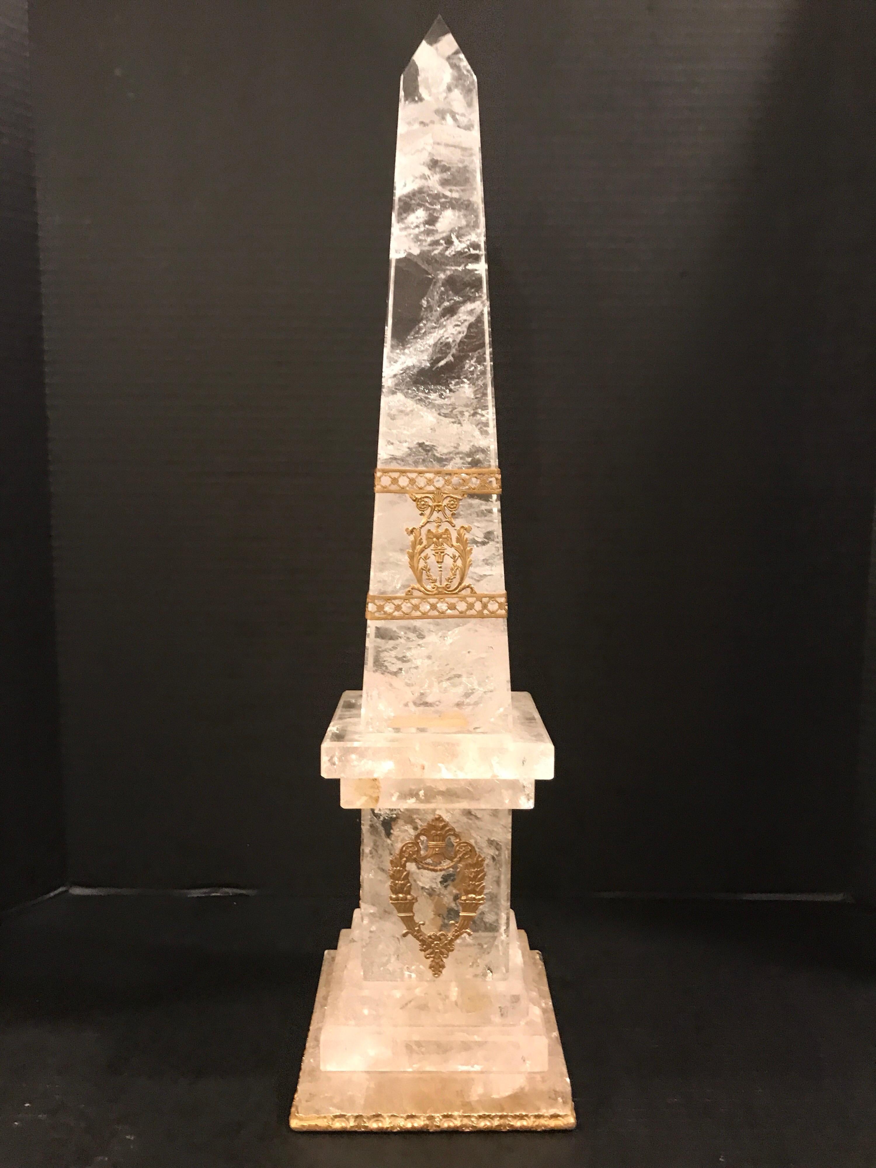 Pair of Neoclassical Rock Crystal Ormolu Mounted Obelisks For Sale 1