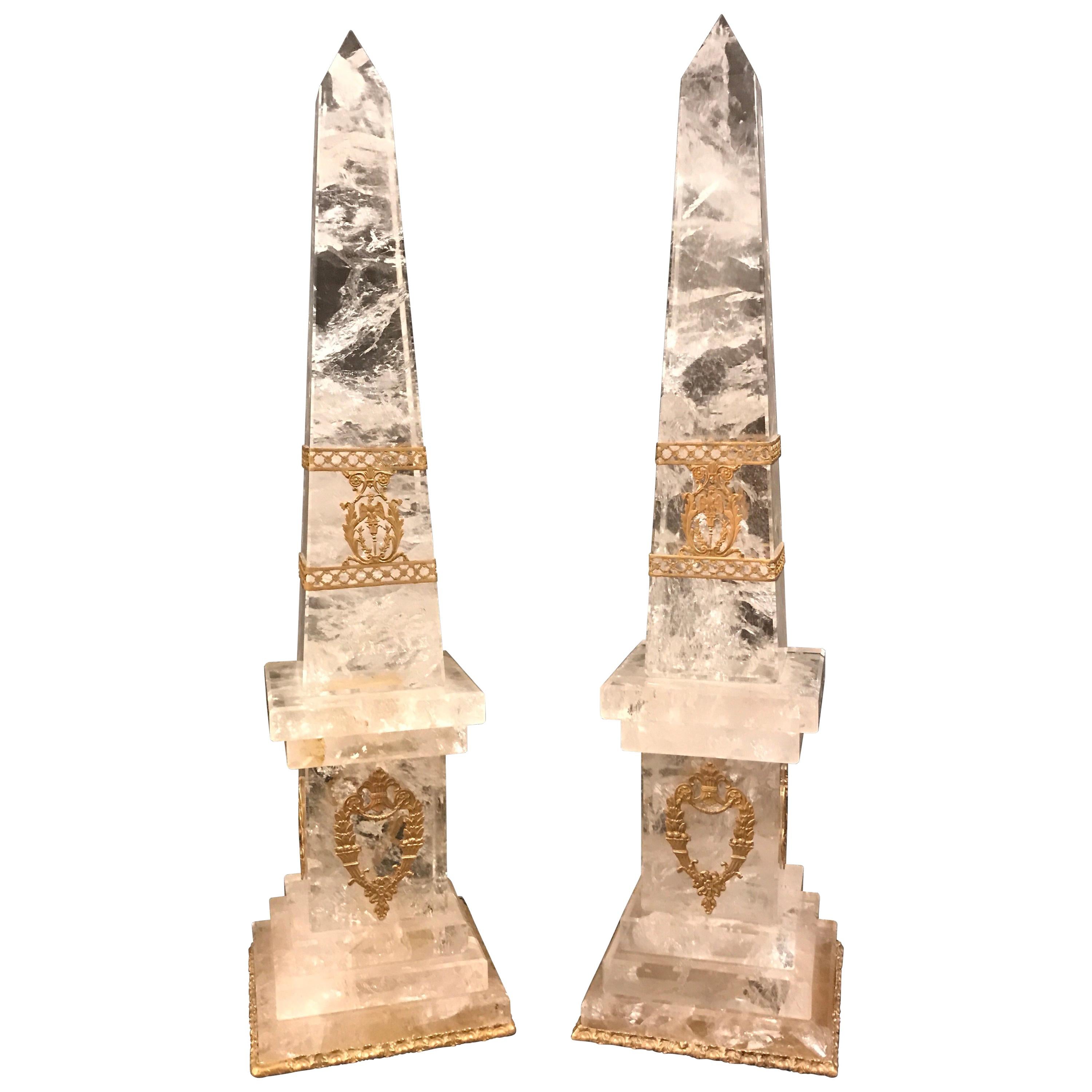 Pair of Neoclassical Rock Crystal Ormolu Mounted Obelisks For Sale