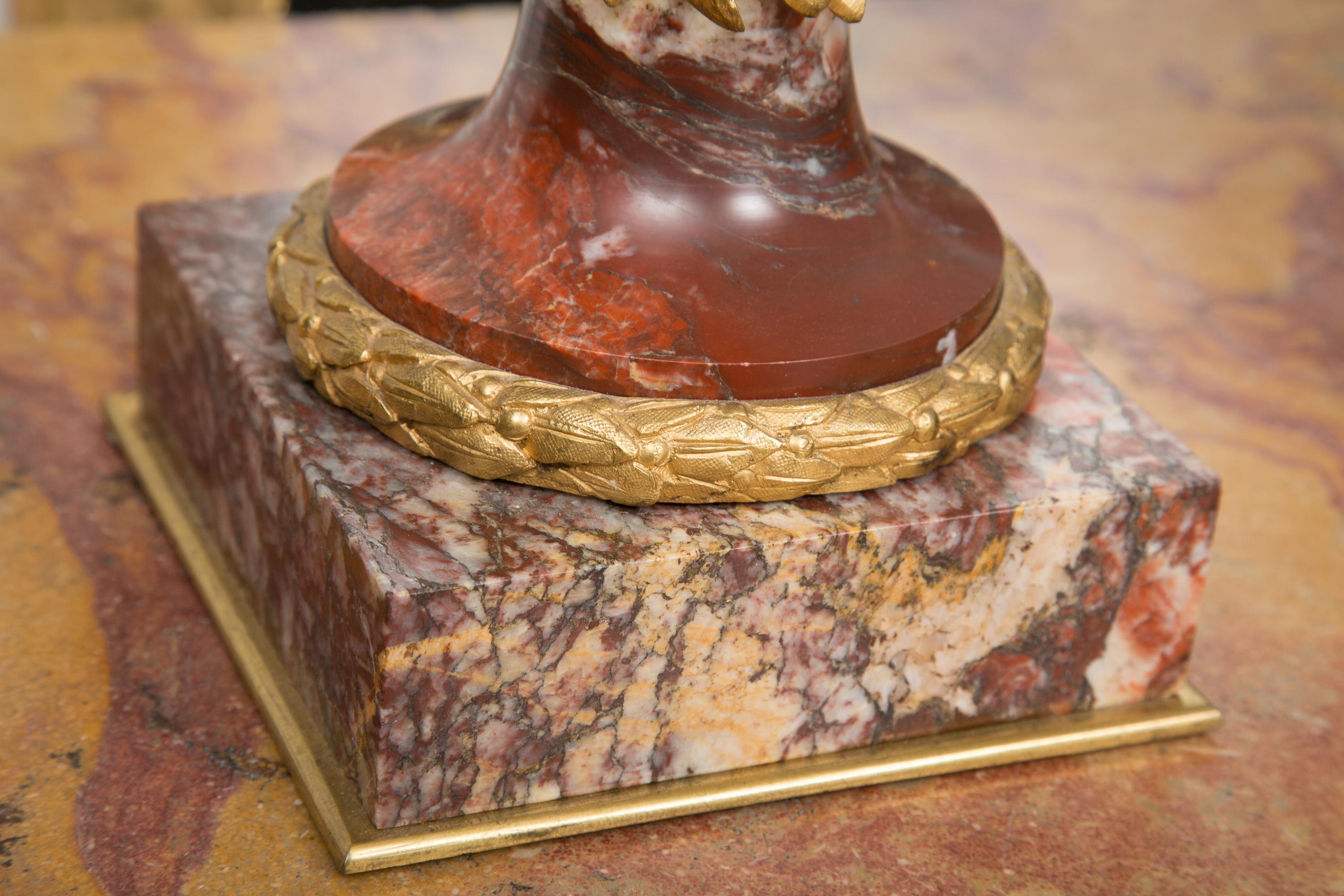 Pair of Neoclassical Rouge Marble Urns with Gilt Bronze Mounts 2