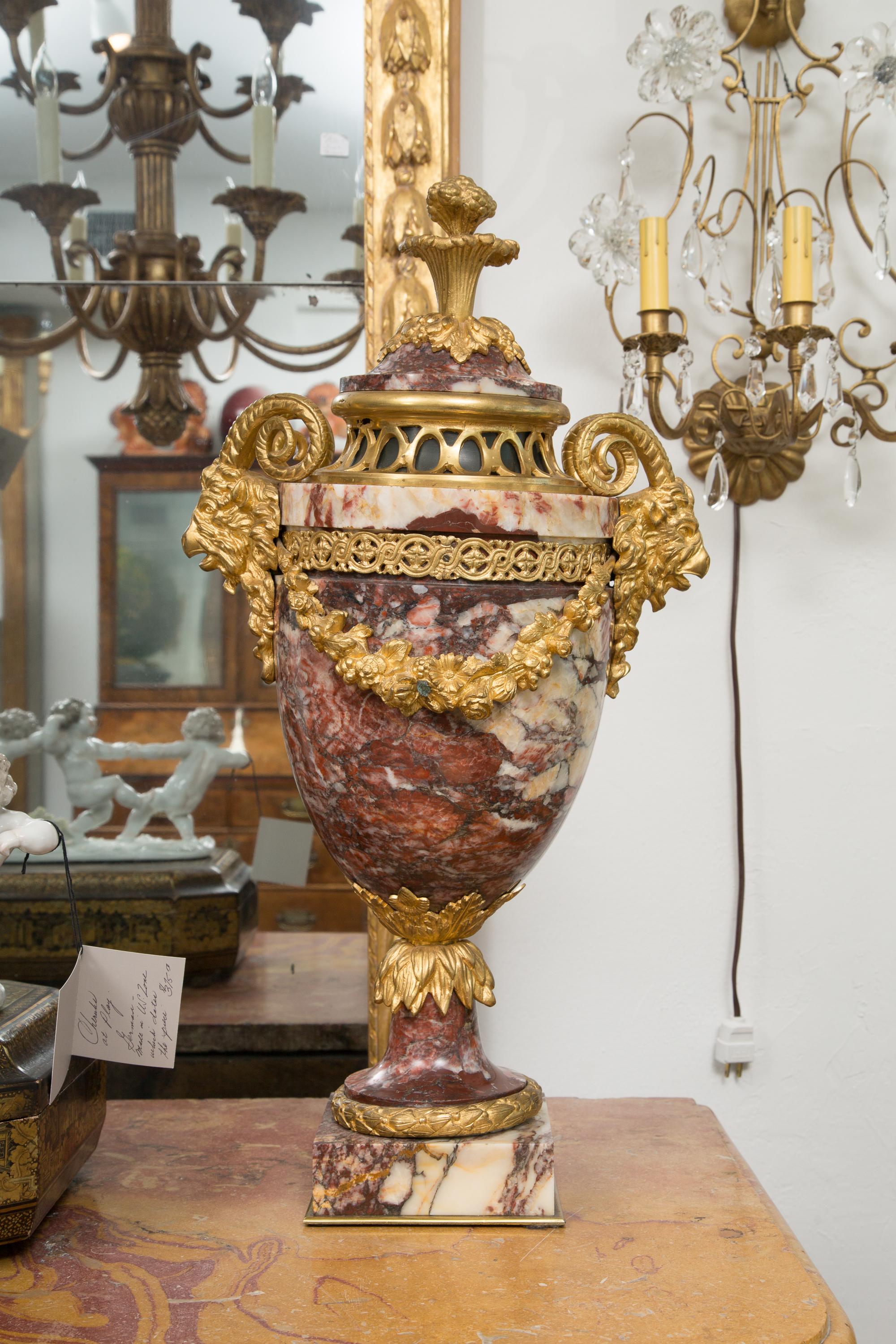 Pair of Neoclassical Rouge Marble Urns with Gilt Bronze Mounts 3