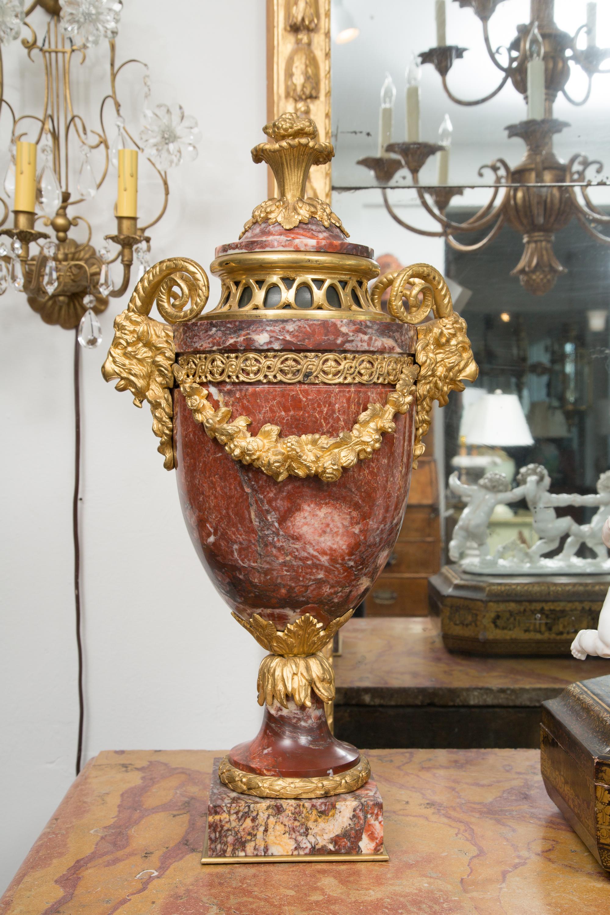 Pair of Neoclassical Rouge Marble Urns with Gilt Bronze Mounts 4