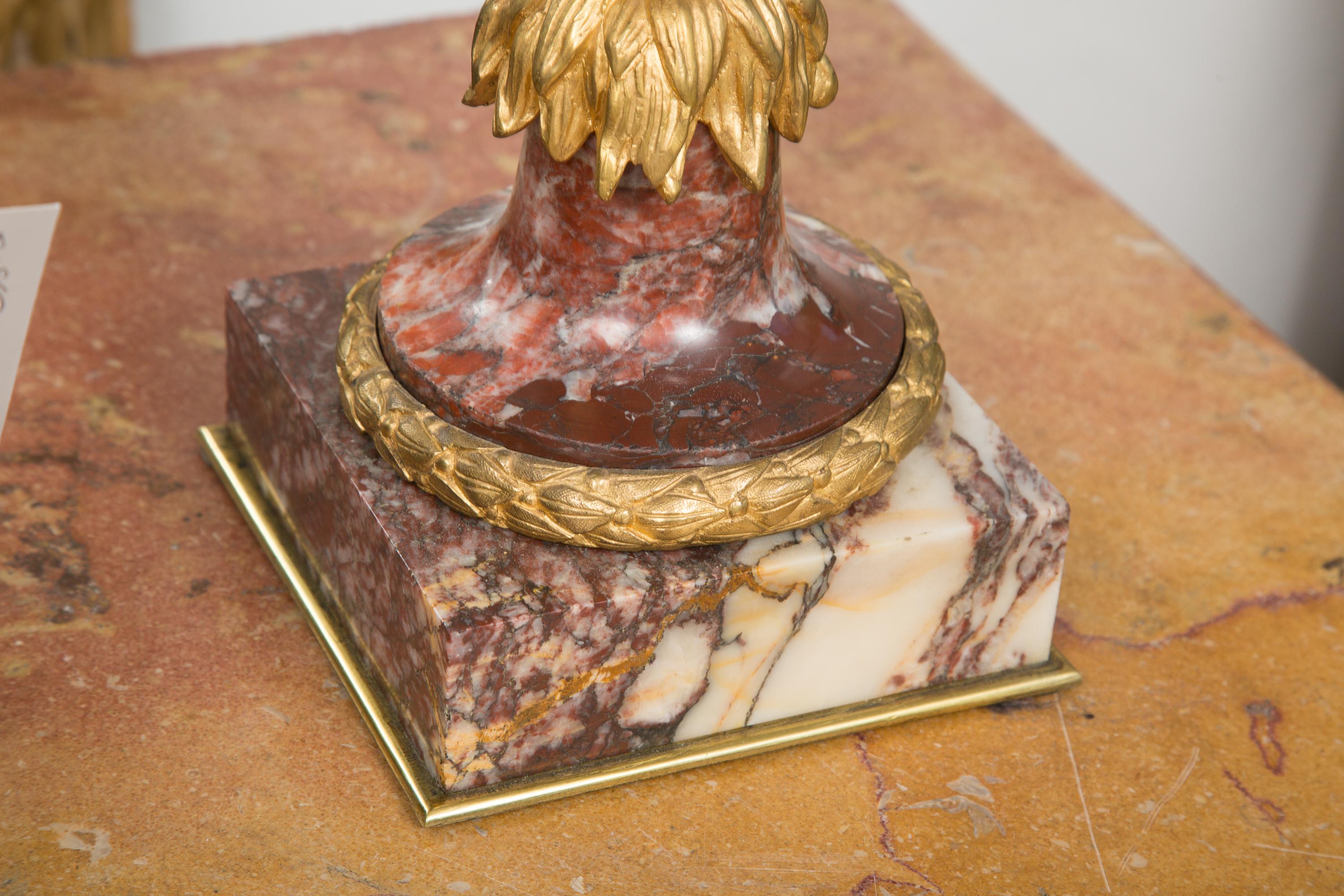 Louis XV Pair of Neoclassical Rouge Marble Urns with Gilt Bronze Mounts