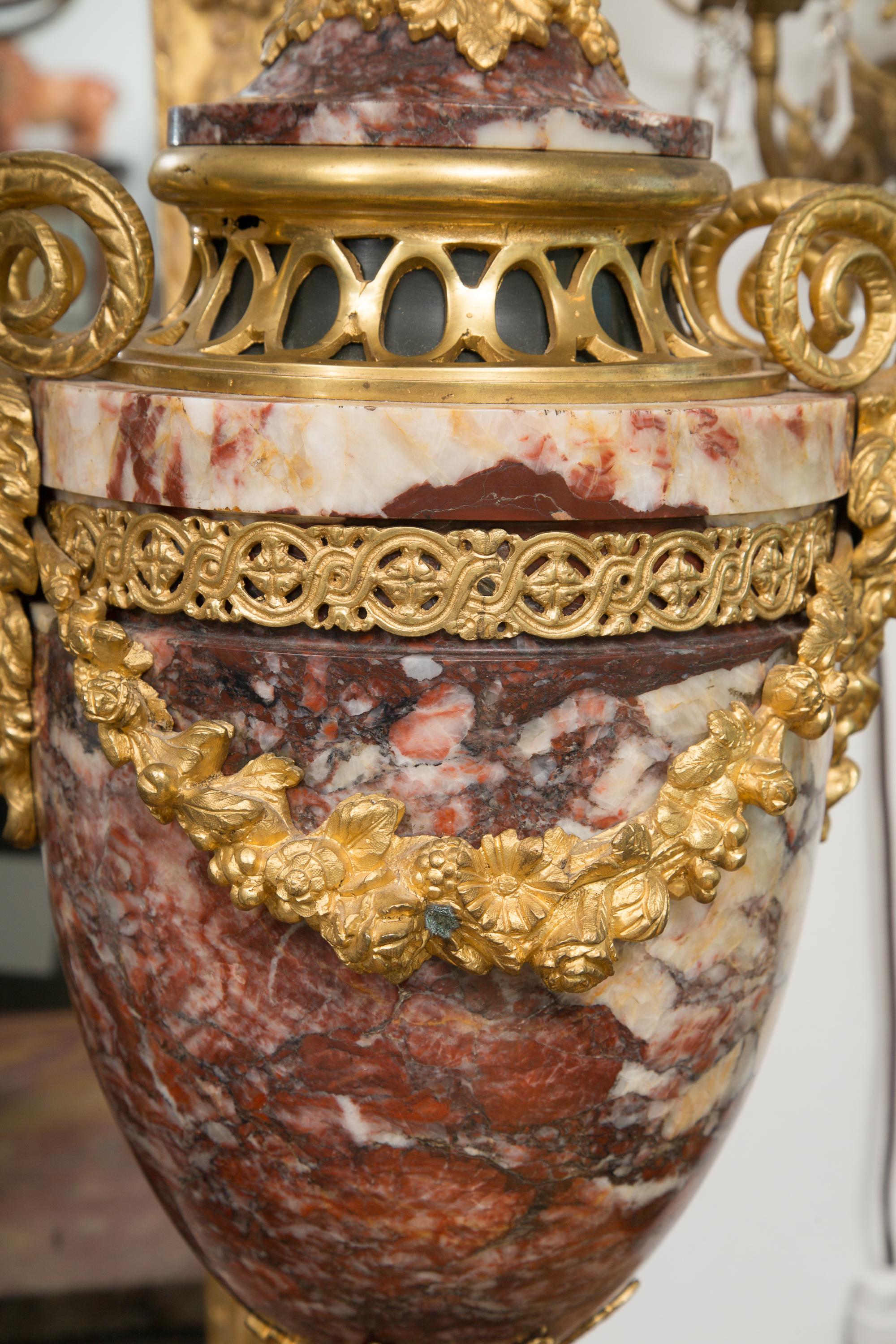 Unknown Pair of Neoclassical Rouge Marble Urns with Gilt Bronze Mounts