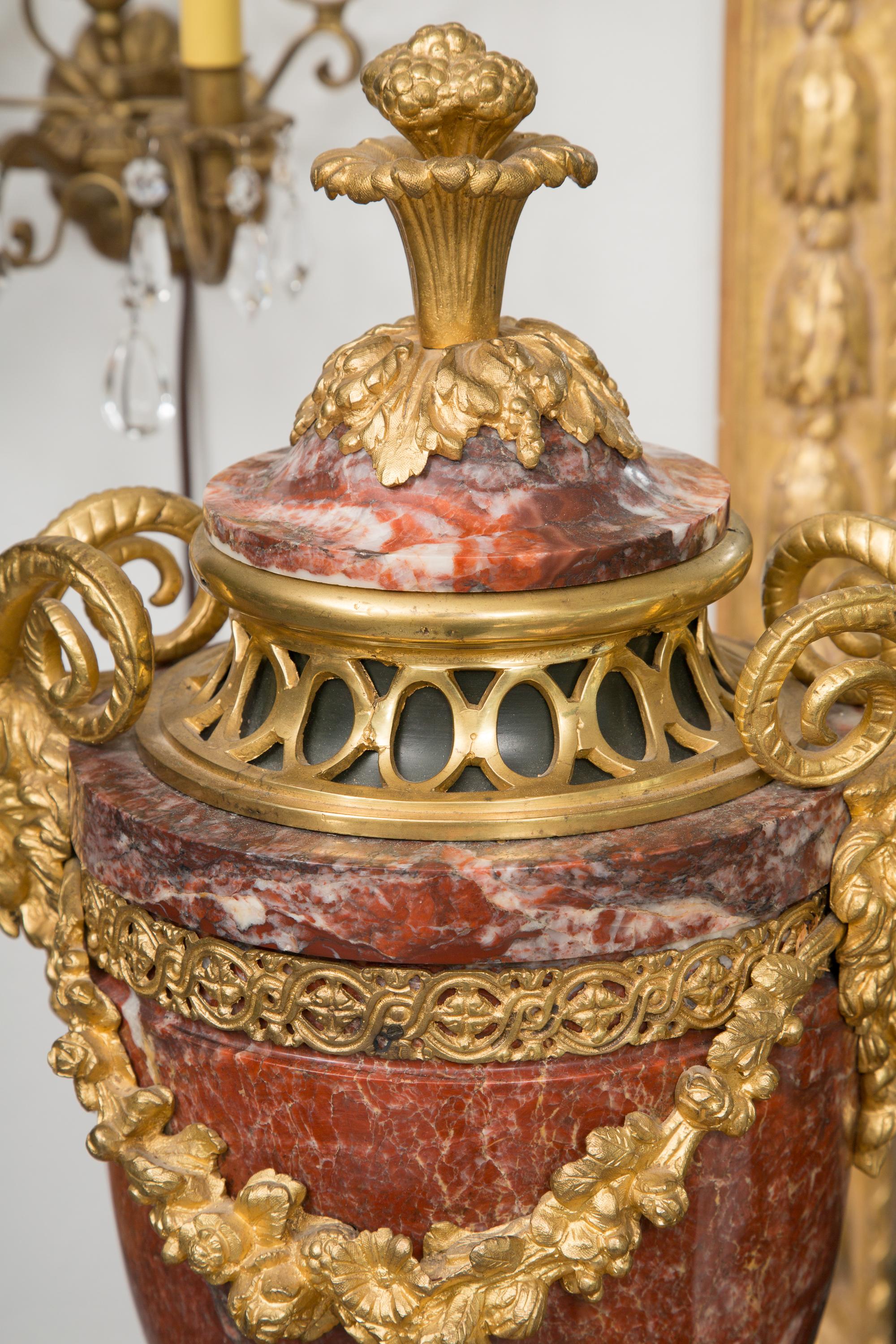 20th Century Pair of Neoclassical Rouge Marble Urns with Gilt Bronze Mounts
