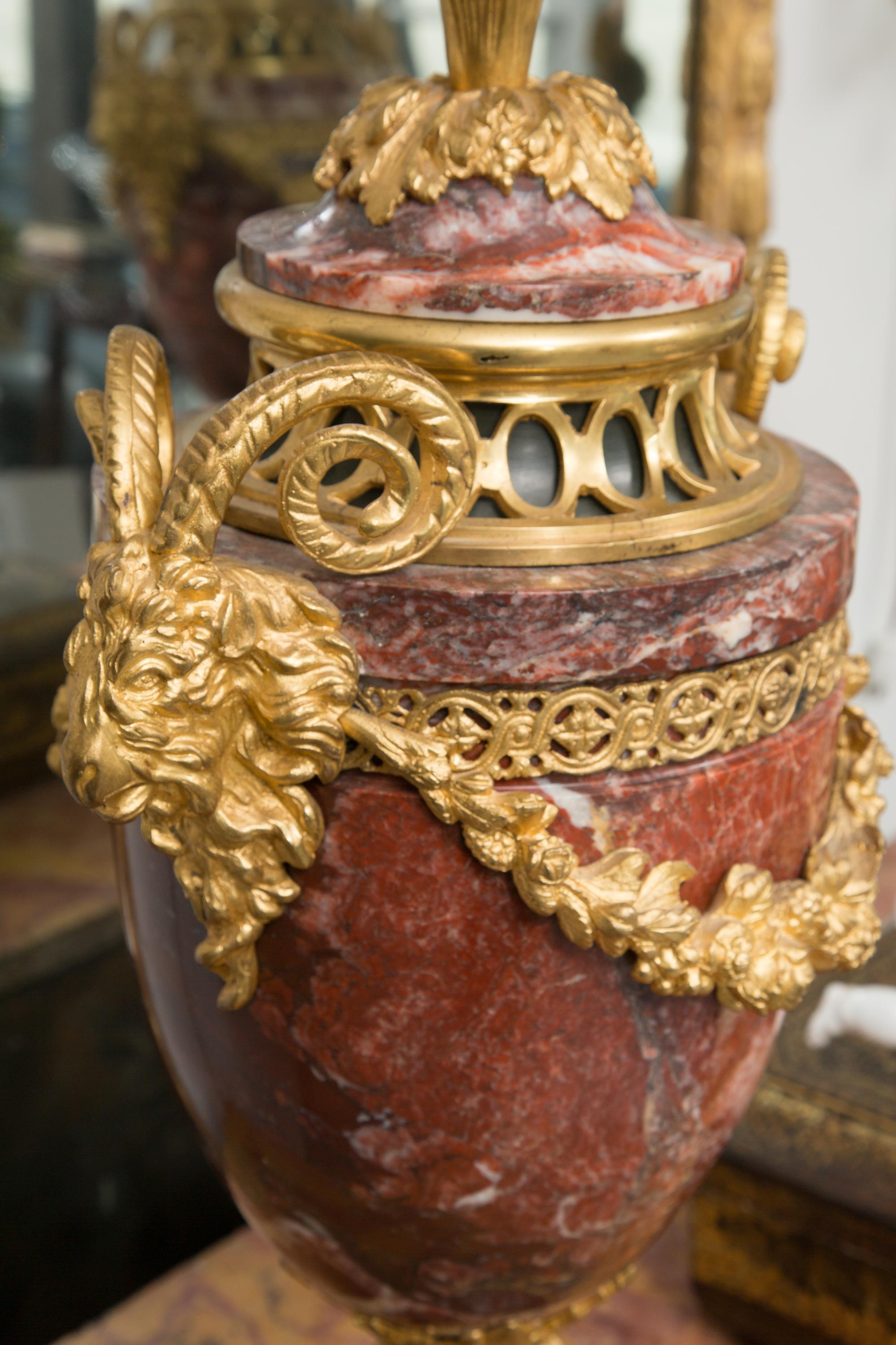 Metal Pair of Neoclassical Rouge Marble Urns with Gilt Bronze Mounts