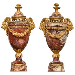 Pair of Neoclassical Rouge Marble Urns with Gilt Bronze Mounts