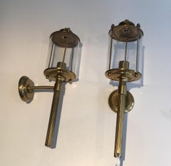 Pair of Neoclassical Round Brass Lanterns with Rounded Glass, in the Style of Ma
