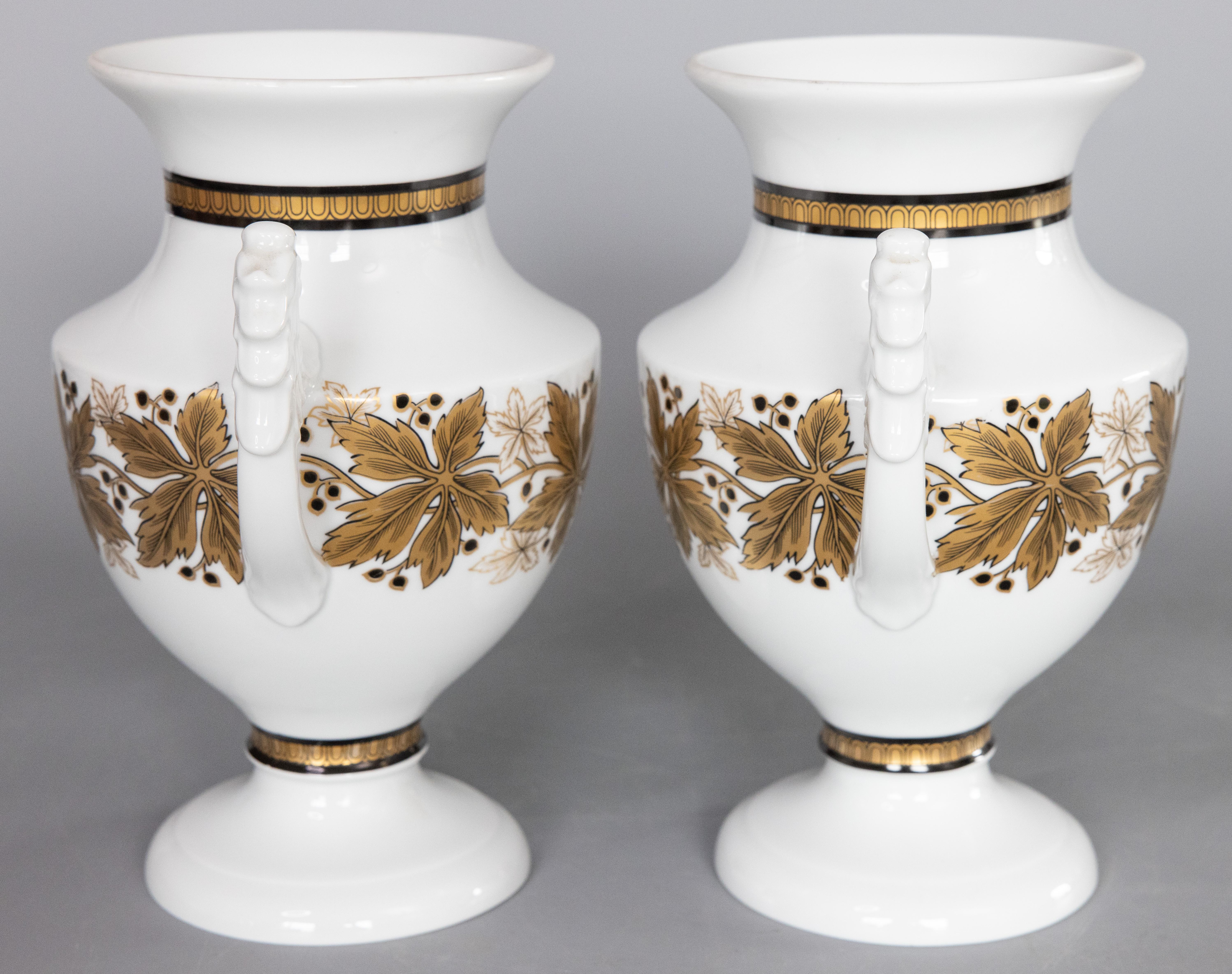 Pair of Neoclassical Royal Tettau German Porcelain White & Gold Urns c. 1930-50 In Good Condition For Sale In Pearland, TX