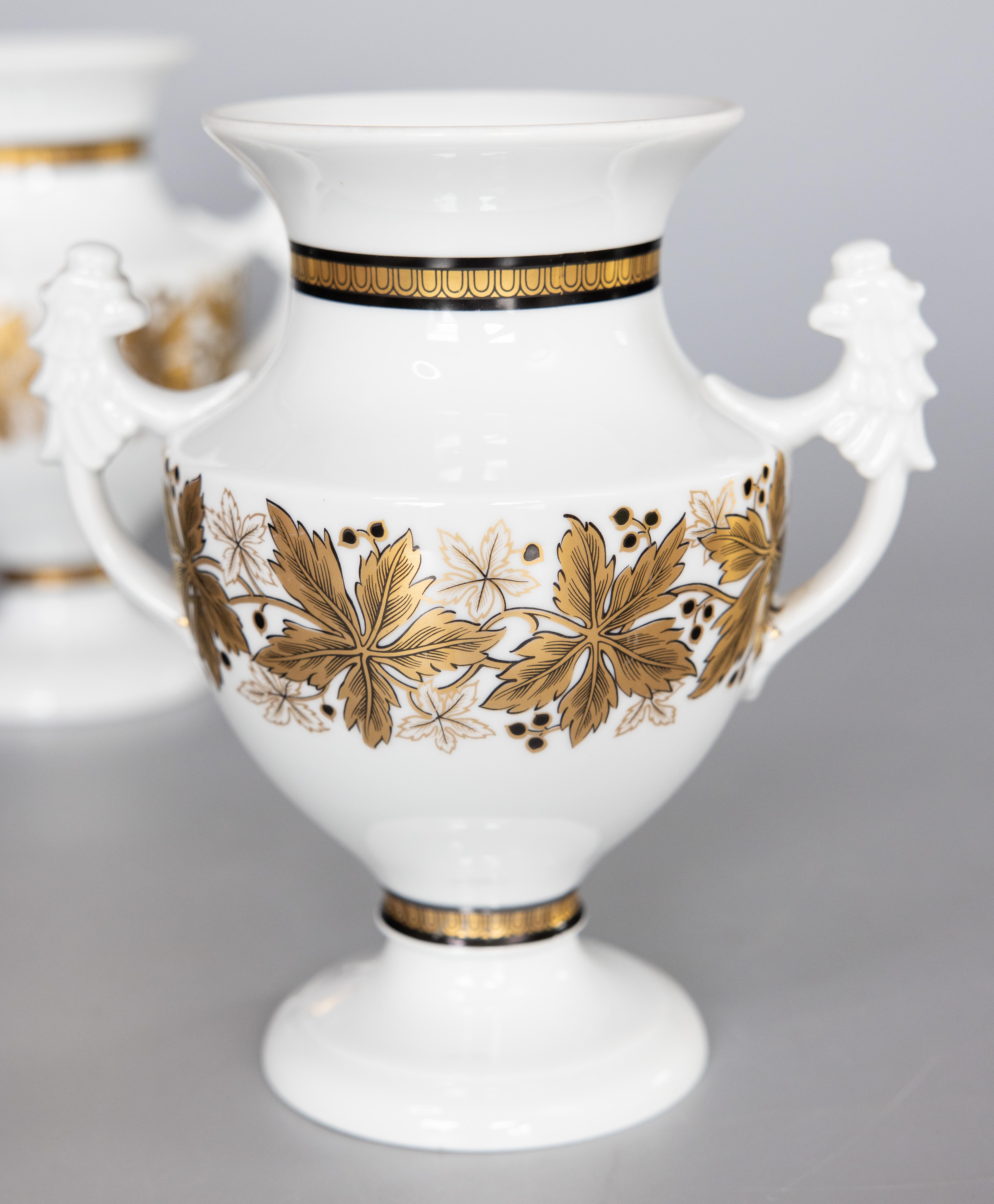 20th Century Pair of Neoclassical Royal Tettau German Porcelain White & Gold Urns c. 1930-50 For Sale