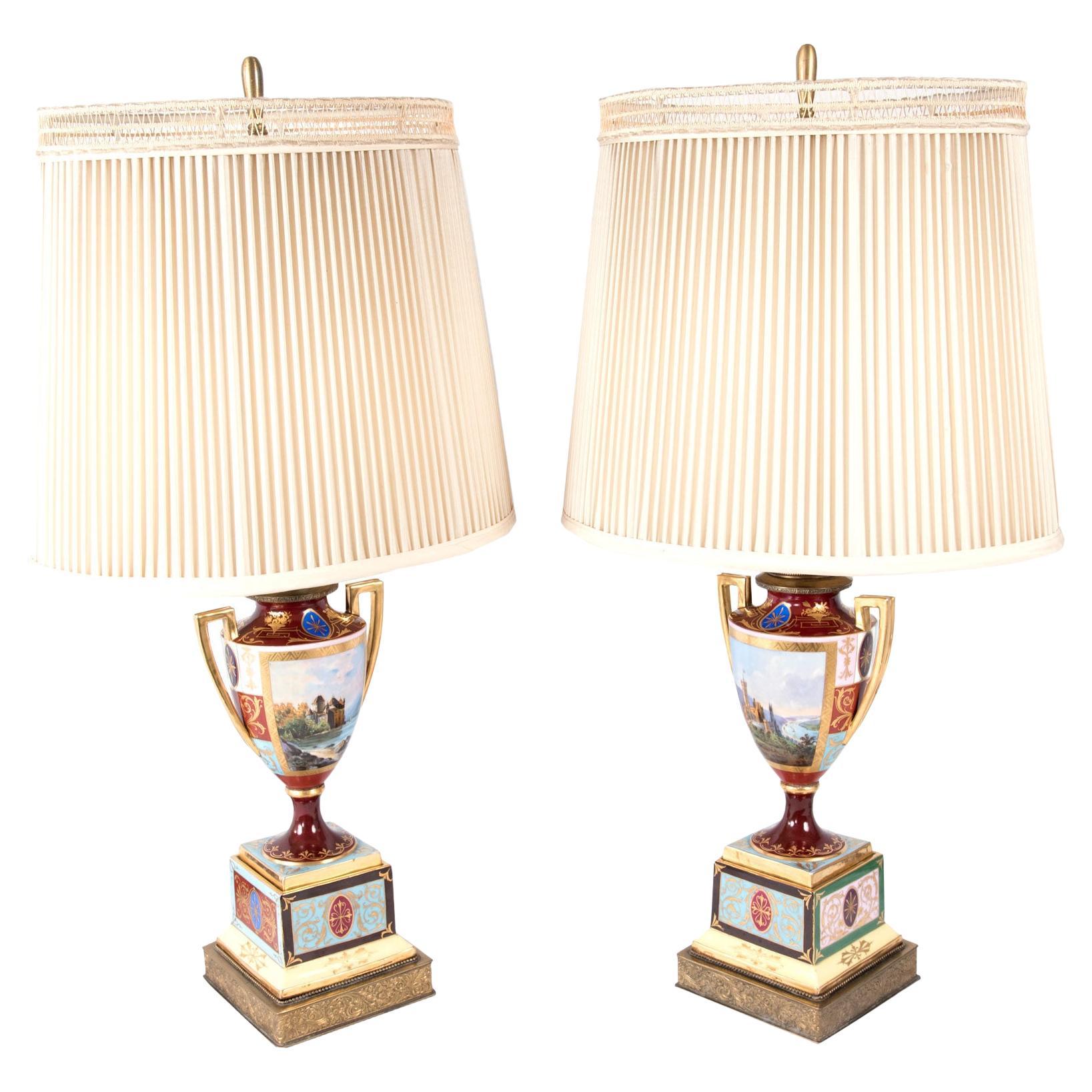 Pair of Neoclassical Royal Vienna Porcelain Urn-Shaped Table Lamps For Sale