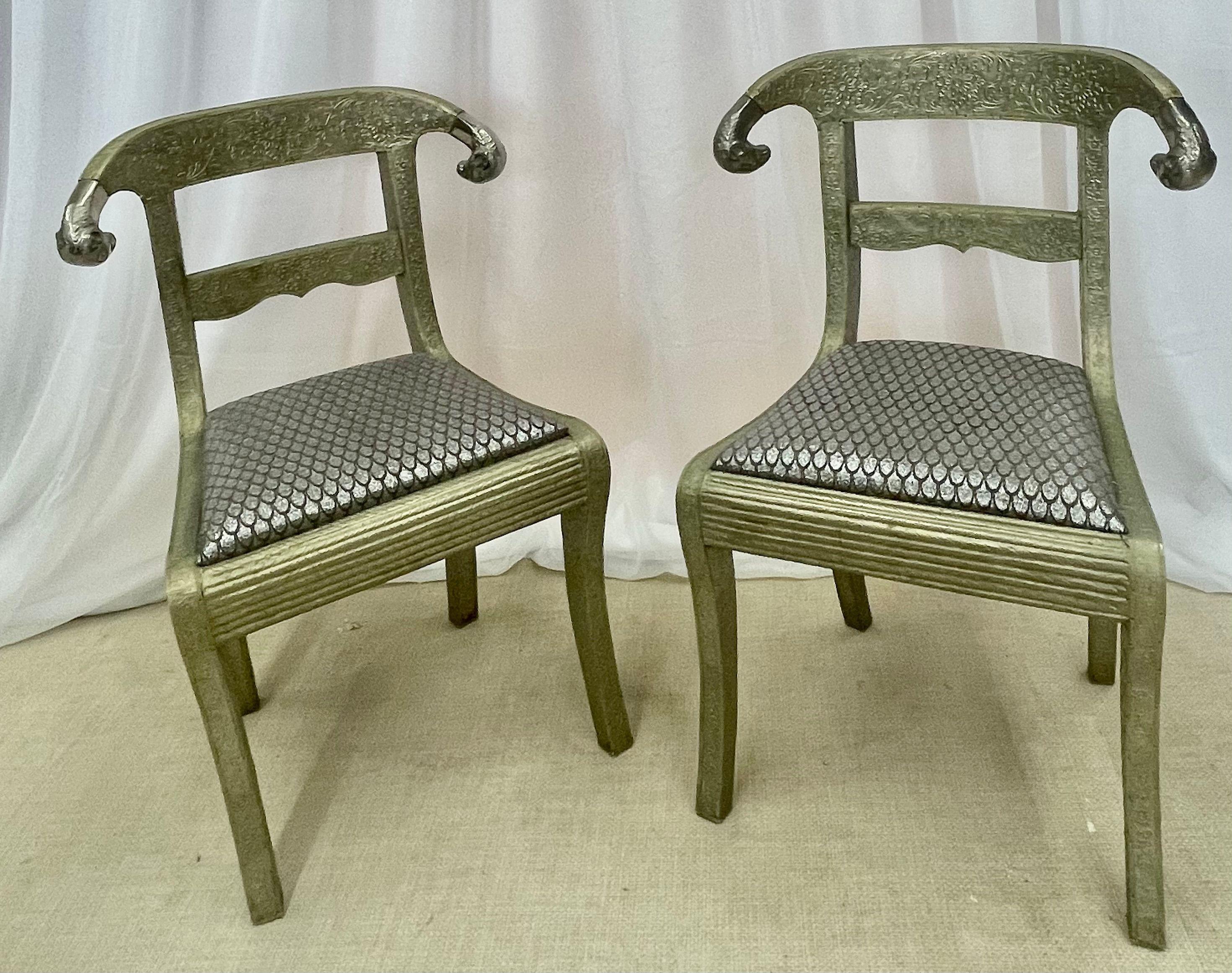 Pair of Neoclassical Side Chairs, Wrapped Metal, Rams Heads, European, Gustavian In Good Condition For Sale In Stamford, CT
