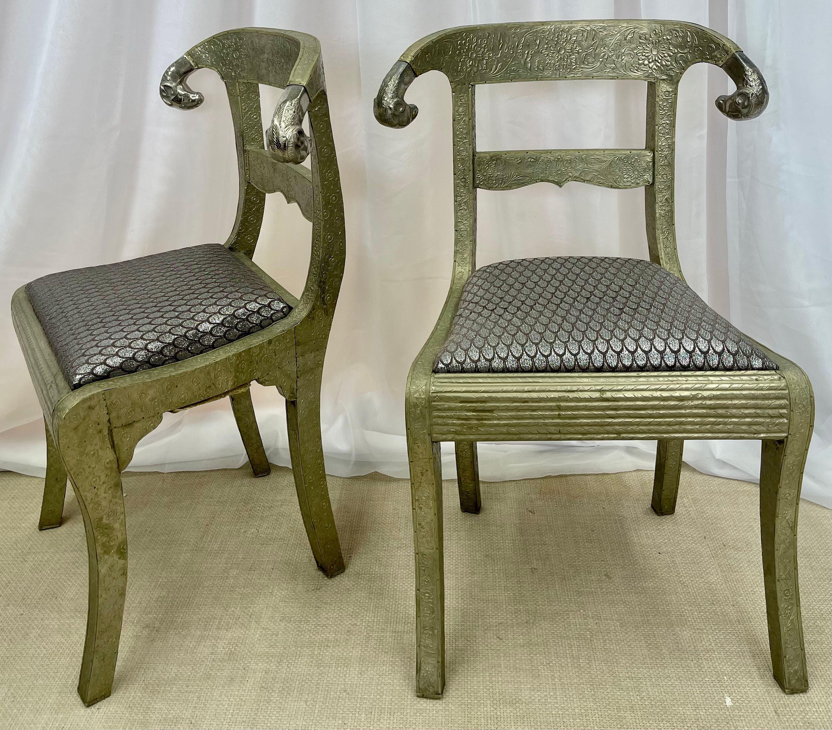 19th Century Pair of Neoclassical Side Chairs, Wrapped Metal, Rams Heads, European, Gustavian For Sale