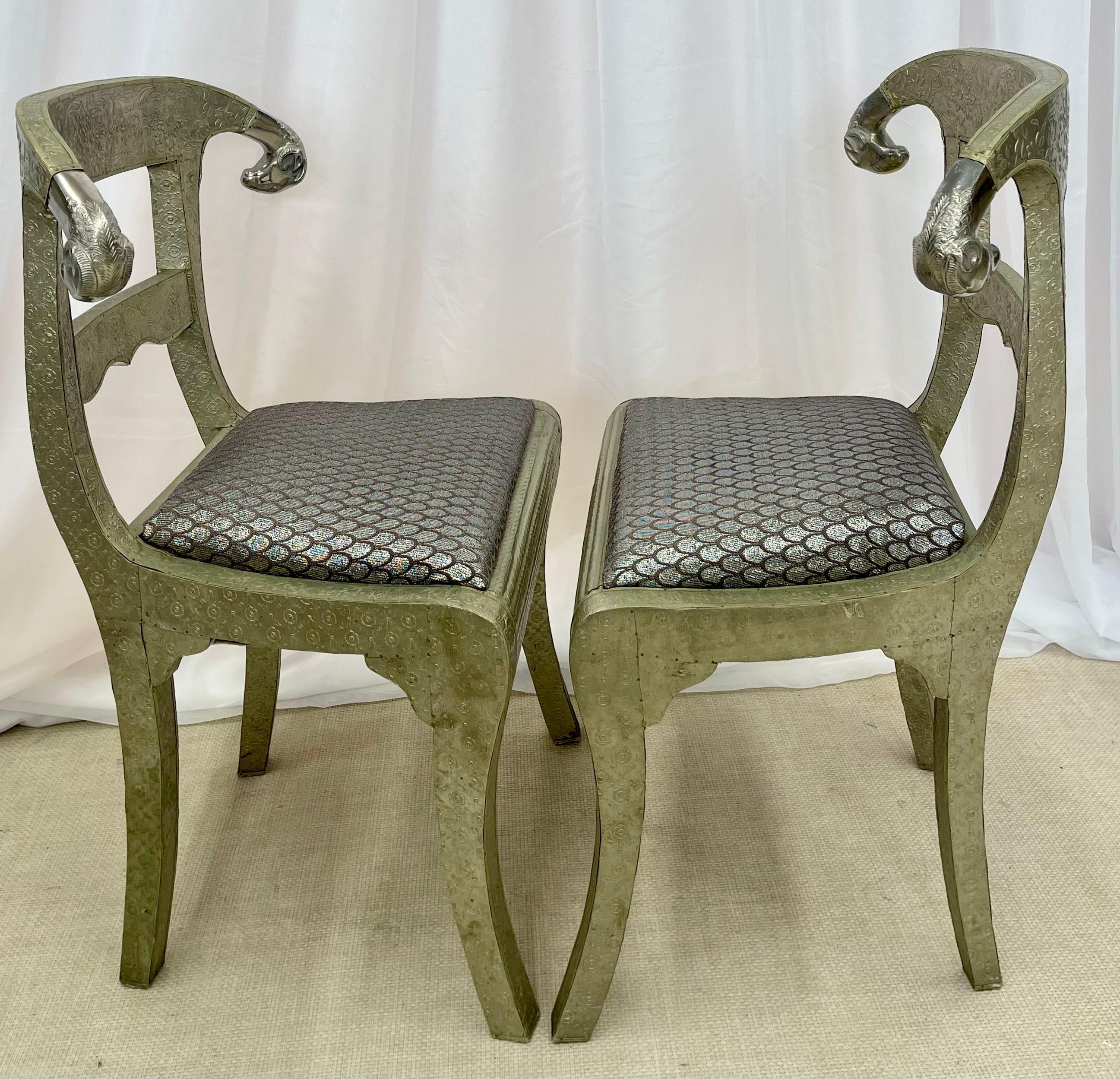 Pair of Neoclassical Side Chairs, Wrapped Metal, Rams Heads, European, Gustavian For Sale 1