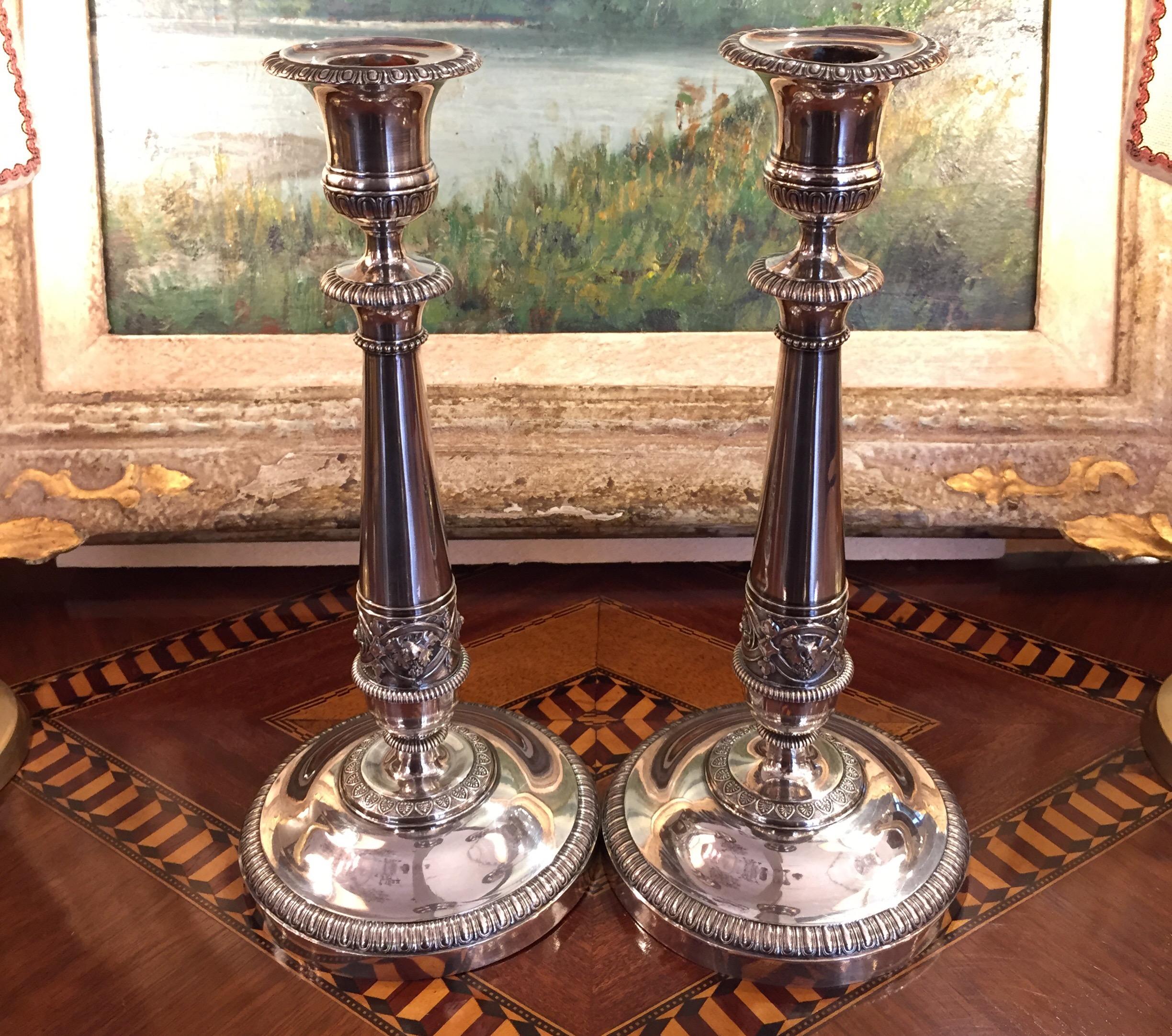 Pair of Neoclassical Silver Circular Candlesticks from Milan 19th Century 1820 8