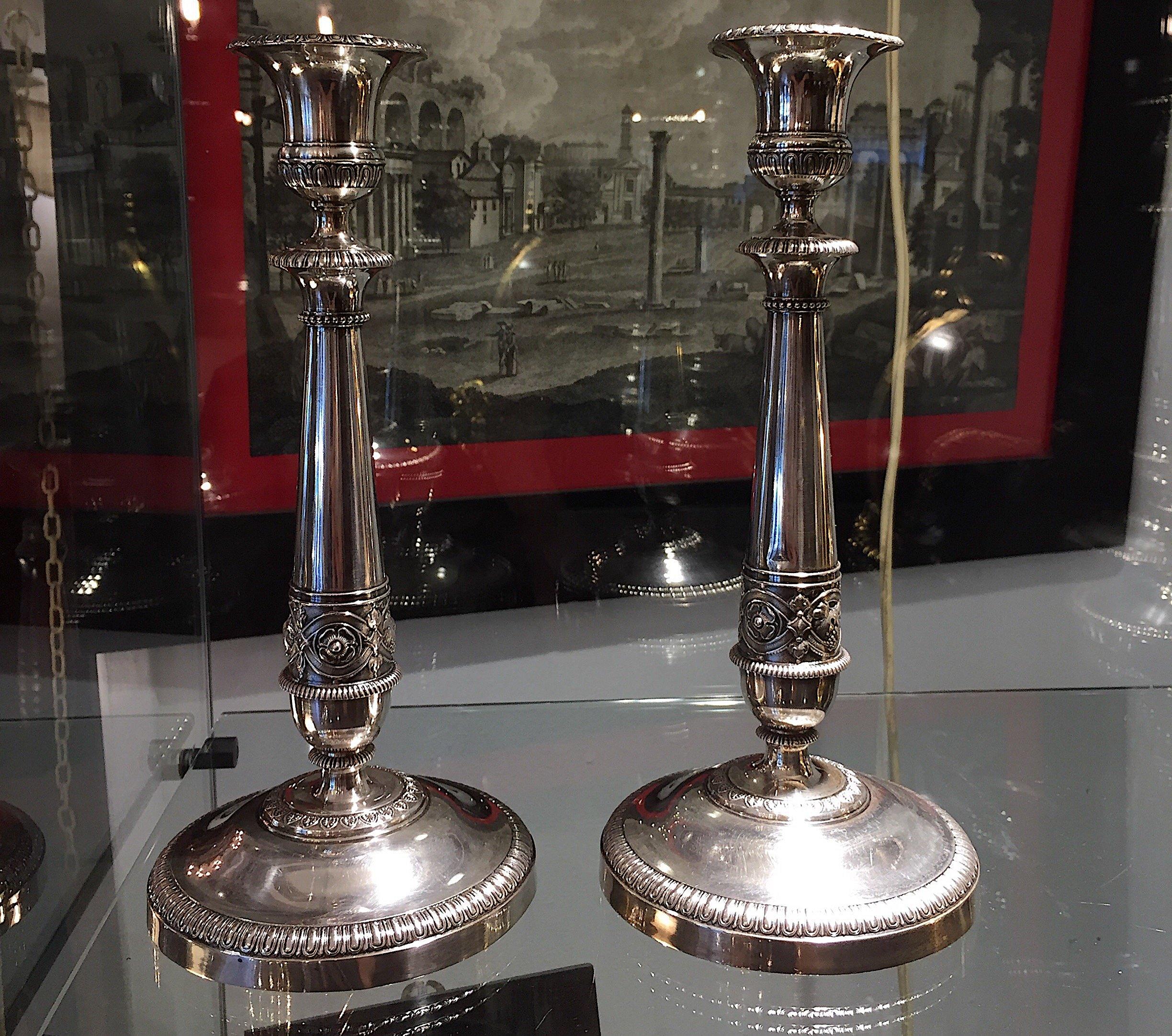 Pair of Neoclassical Silver Circular Candlesticks from Milan 19th Century 1820 14
