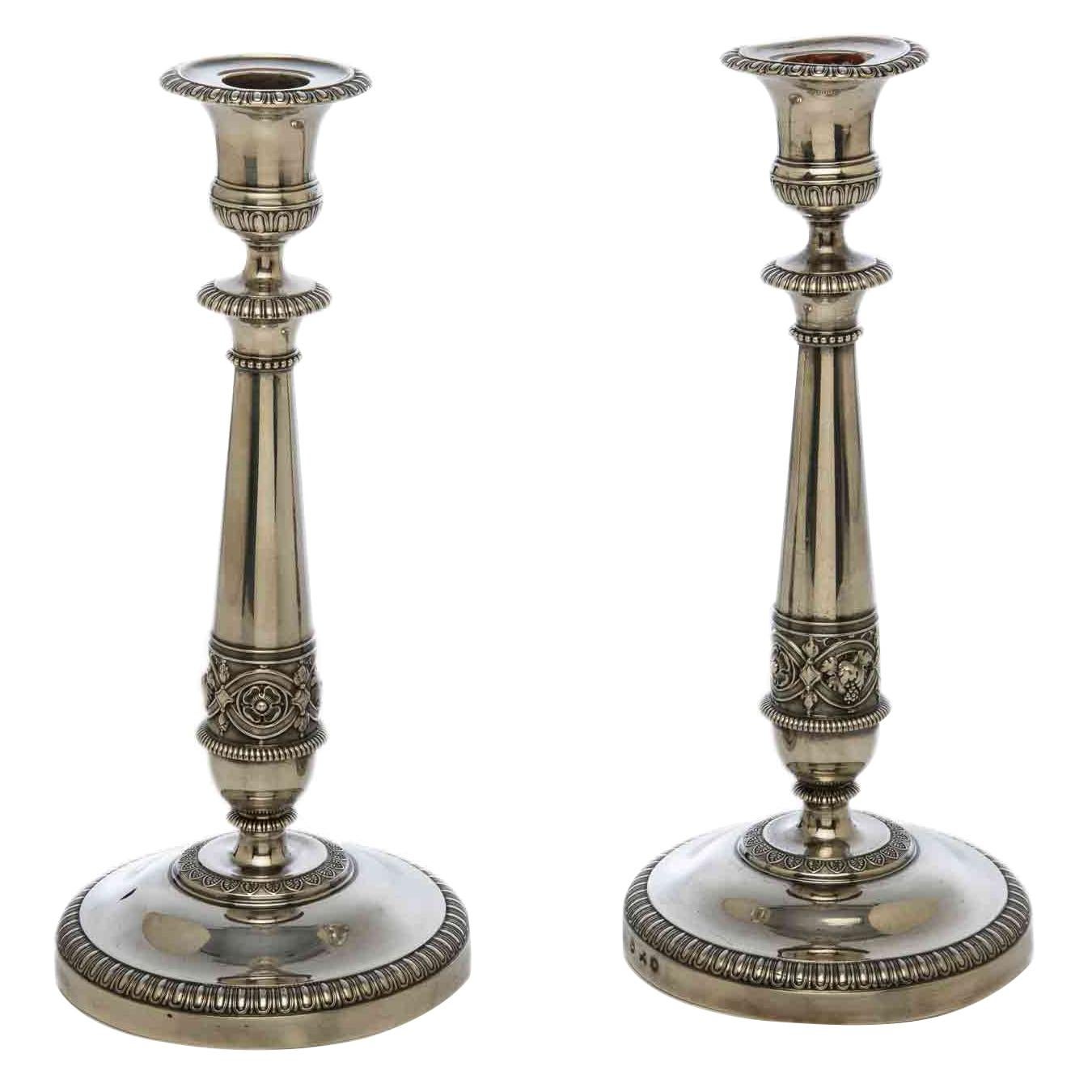 Pair of Neoclassical Silver Circular Candlesticks from Milan 19th Century 1820