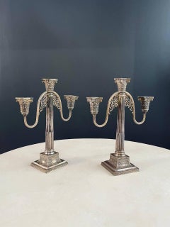 Pair of Neoclassical Silver-Plate Corinthian Column Candelabras
