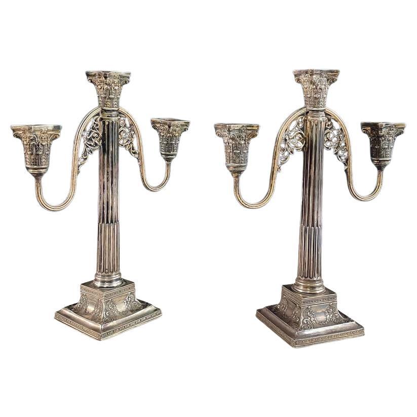Pair of Neoclassical Silver-Plate Corinthian Column Candelabras
