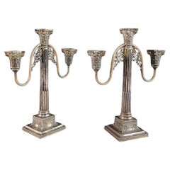 Pair of Neoclassical Silver-Plate Corinthian Column Candelabras