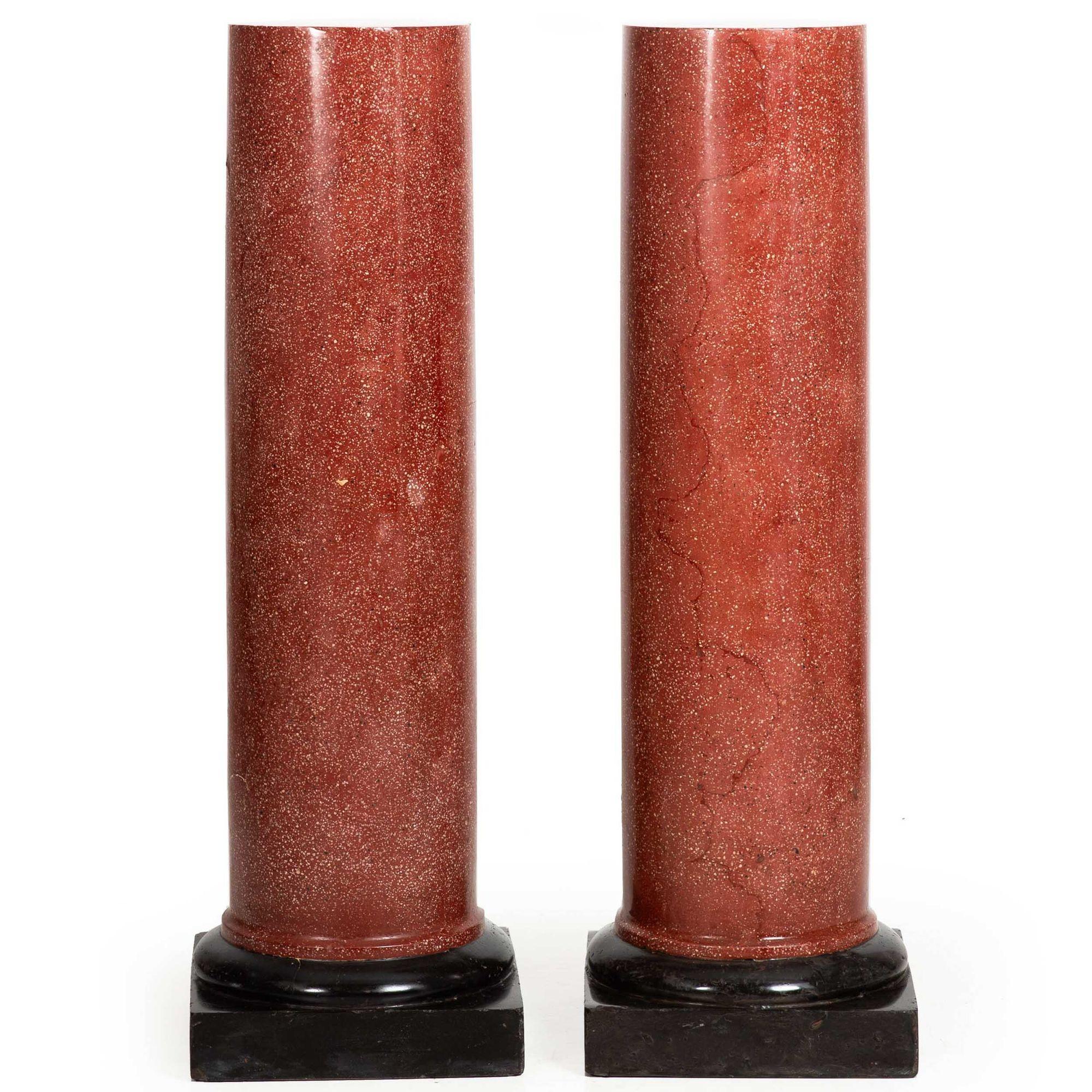 PAIR OF NEOCLASSICAL SIMULATED-PORPHYRY SCAGLIOLA PEDESTAL COLUMNS
Probably Italian, circa late 19th century
Item # 403HRY18X

This fine pair of Neoclassical columns are exquisite examples of the scagliola technique, a difficult-to-master artistic