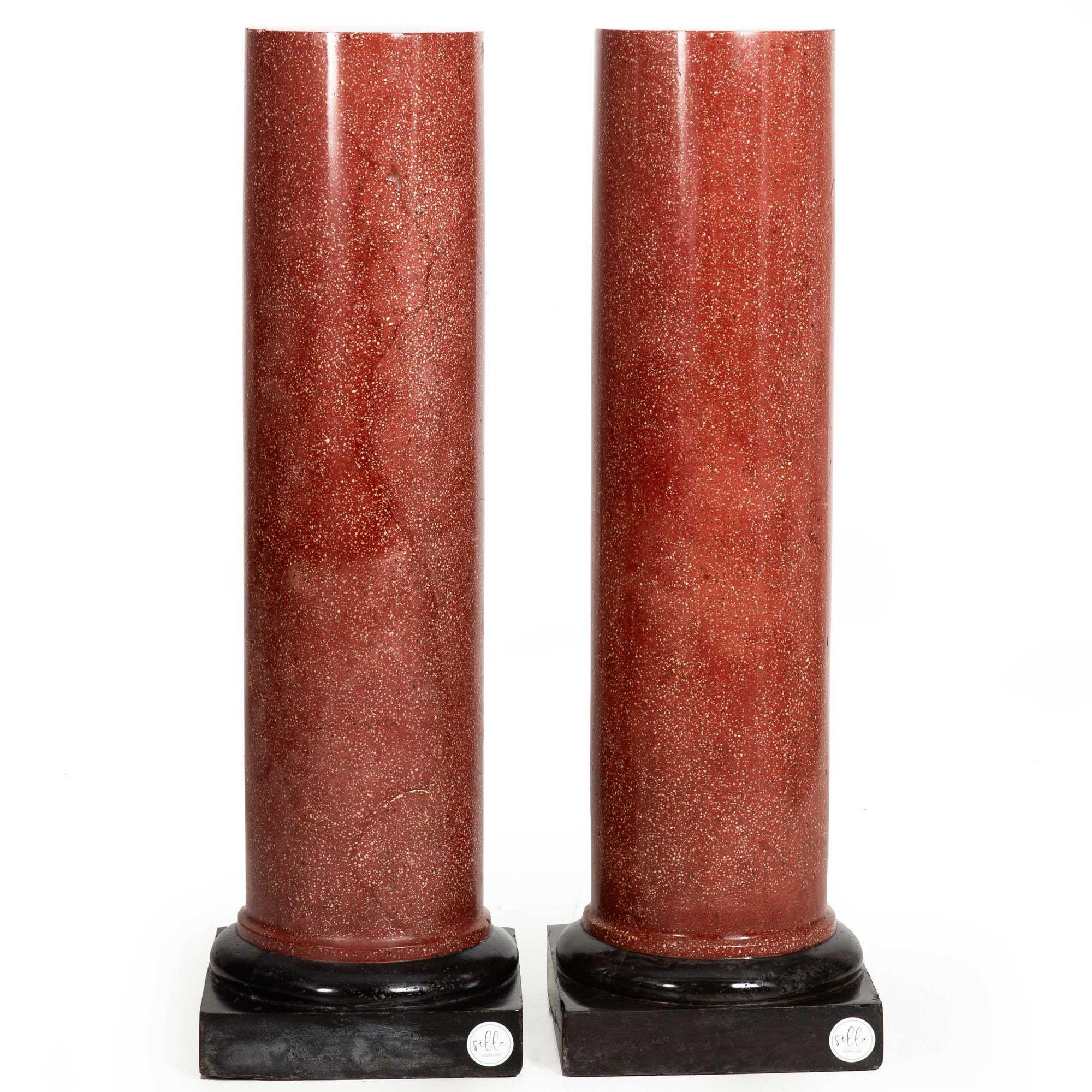19th Century Pair of Neoclassical Simulated Porphyry Scagliola Pedestal Columns For Sale