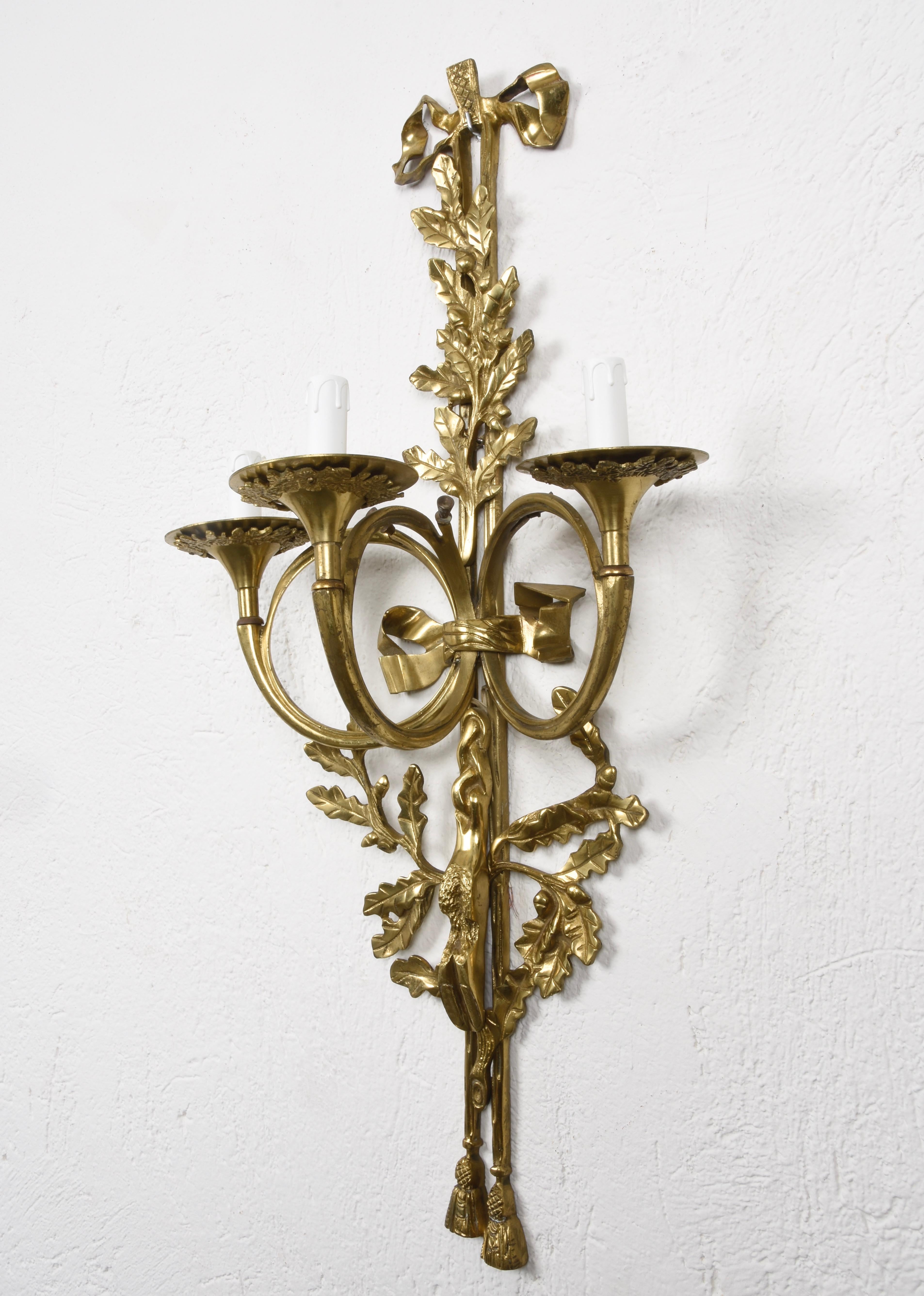 Pair of Neoclassical Solid Brass Three-Arm Trumpet French Wall Sconces, 1930s 6